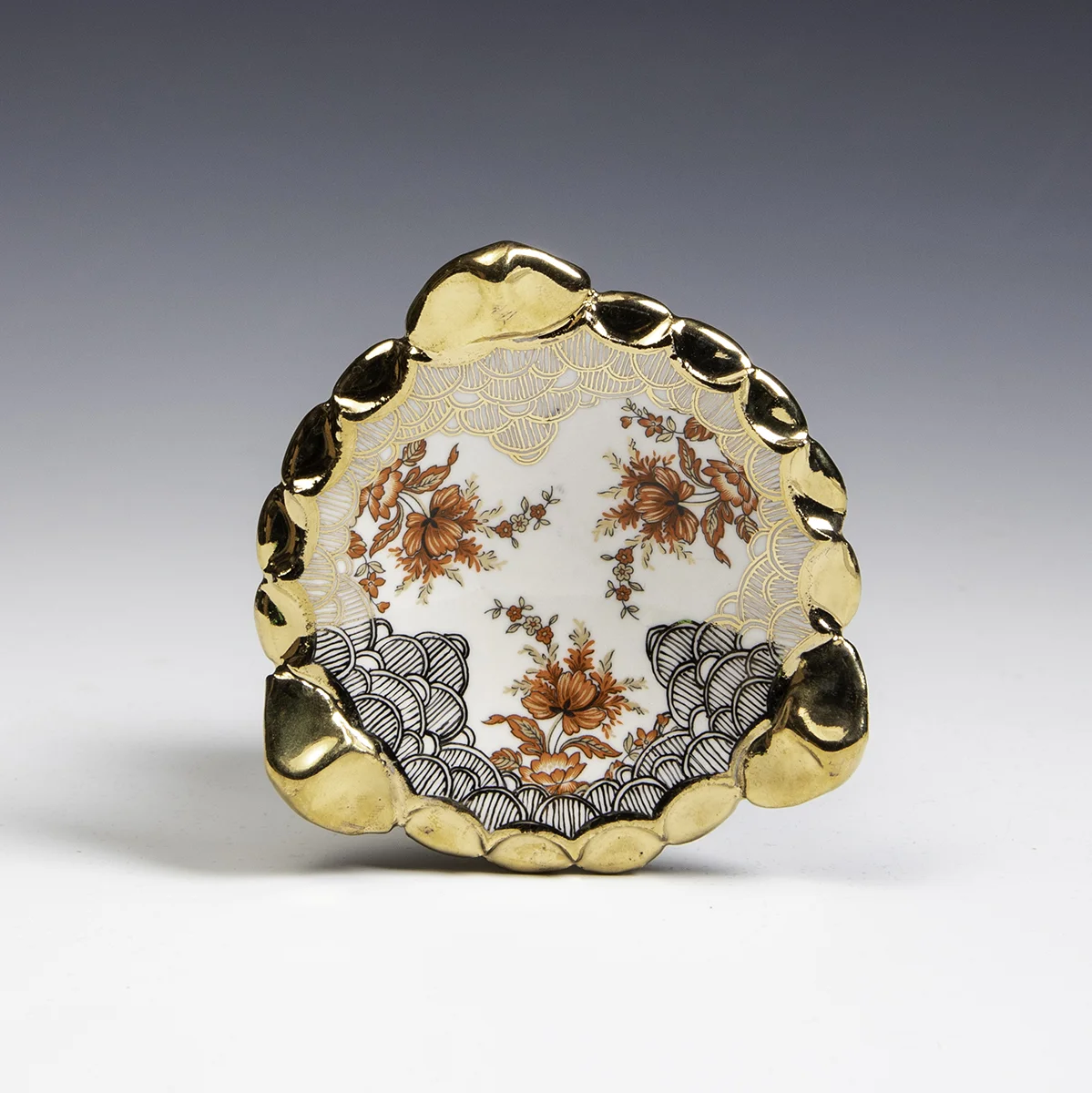 Melanie Sherman -  Porcelain Painted and Decal with Gold Luster Dish - In Tandem Gallery www.intandemgallery - Bakersville NC