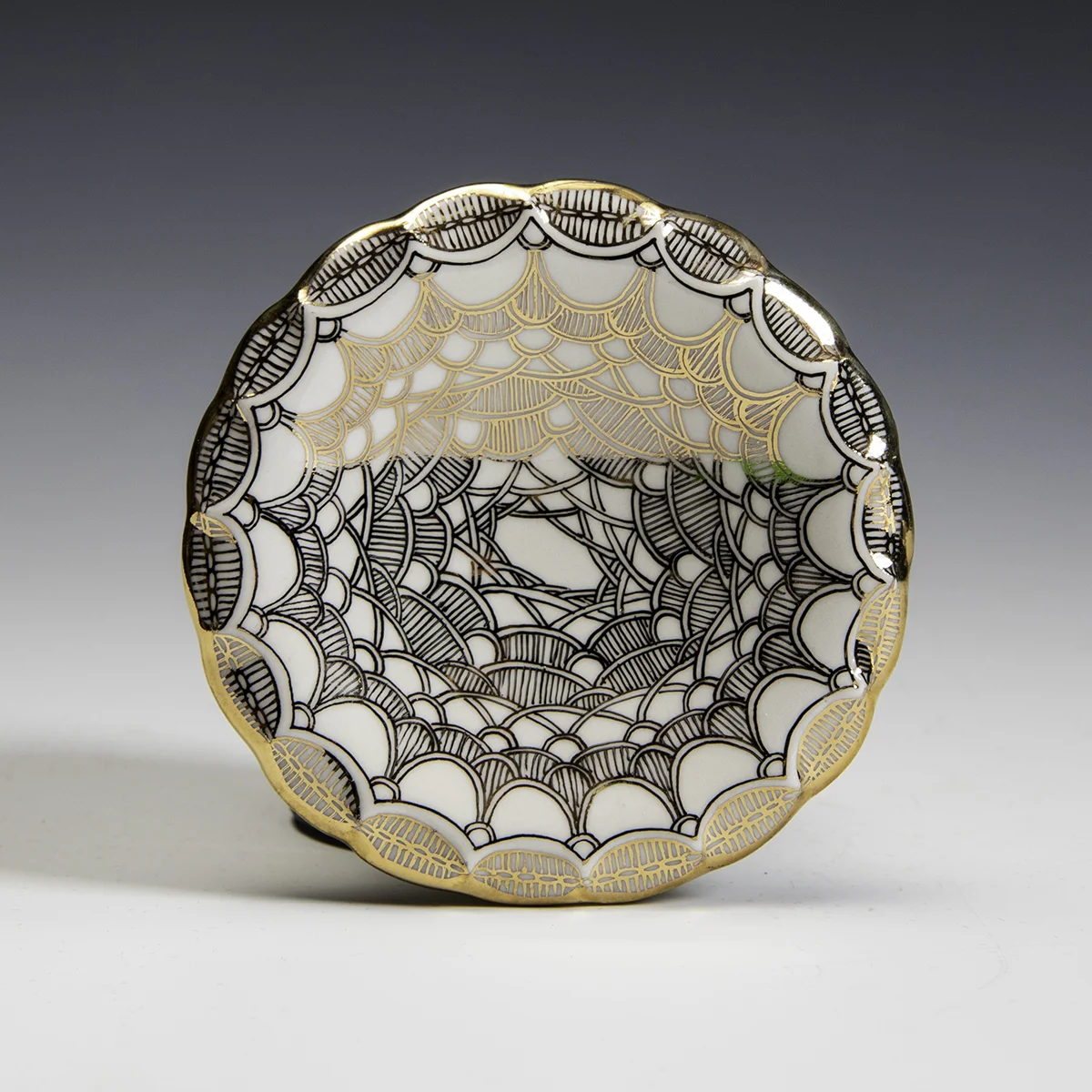 Melanie Sherman -  Porcelain Painted and Decal with Gold Luster Dish - In Tandem Gallery www.intandemgallery - Bakersville NC