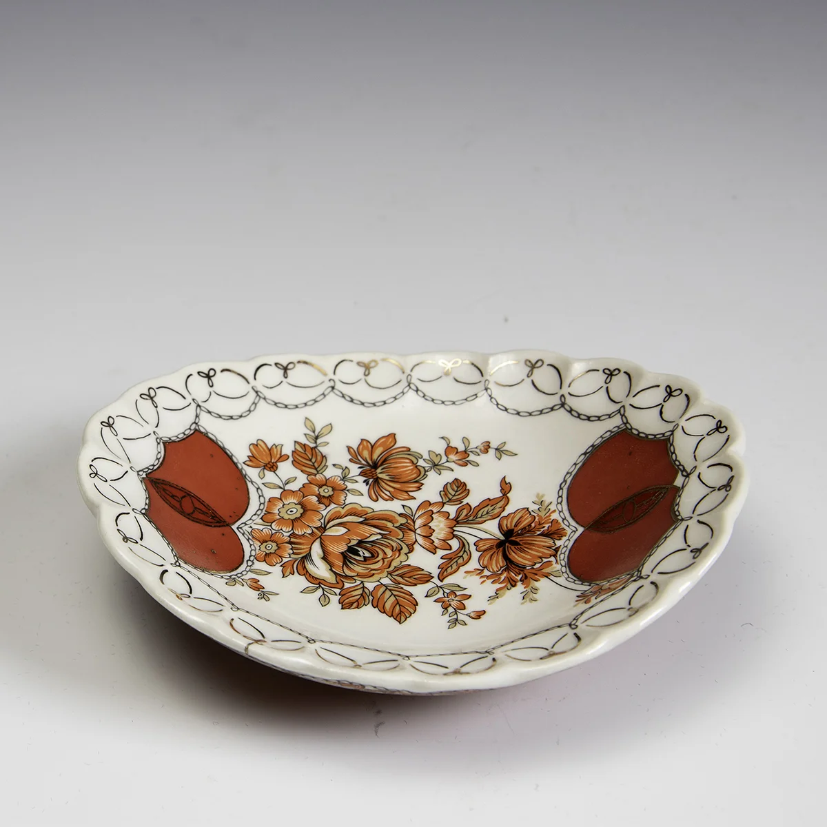 Melanie Sherman -  Porcelain Painted and Decal with Gold Luster Dish - In Tandem Gallery www.intandemgallery - Bakersville NC