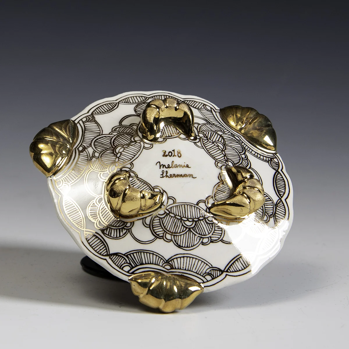 Melanie Sherman -  Porcelain Painted and Decal with Gold Luster Dish - In Tandem Gallery www.intandemgallery - Bakersville NC