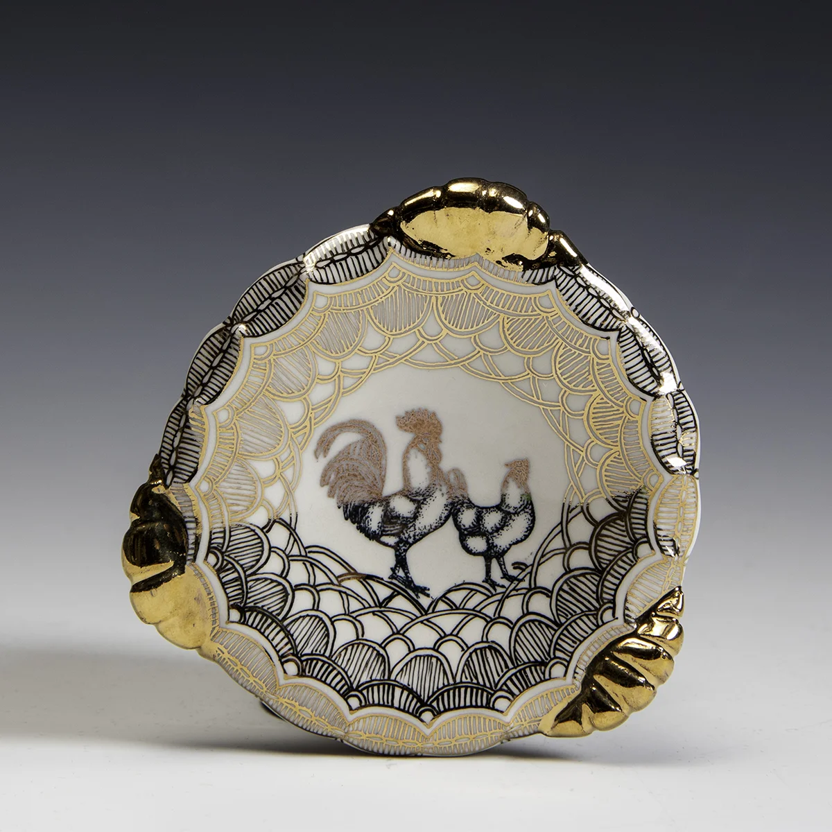 Melanie Sherman -  Porcelain Painted and Decal with Gold Luster Dish - In Tandem Gallery www.intandemgallery - Bakersville NC