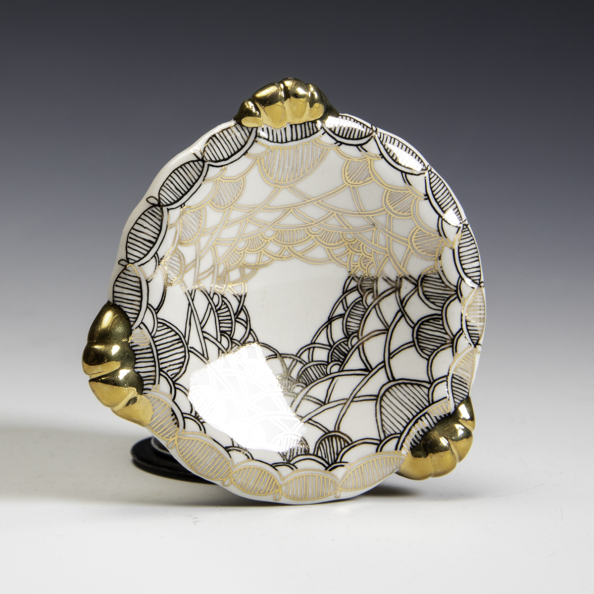 Melanie Sherman -  Porcelain Painted and Decal with Gold Luster Dish - In Tandem Gallery www.intandemgallery - Bakersville NC