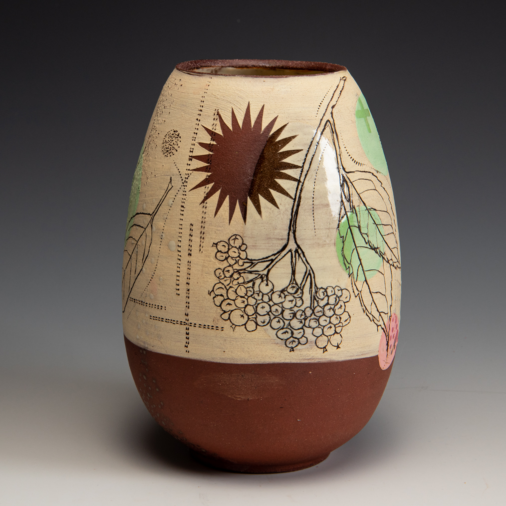 Brown Stoneware Vase with Hand-carved Flowers and Butterflies