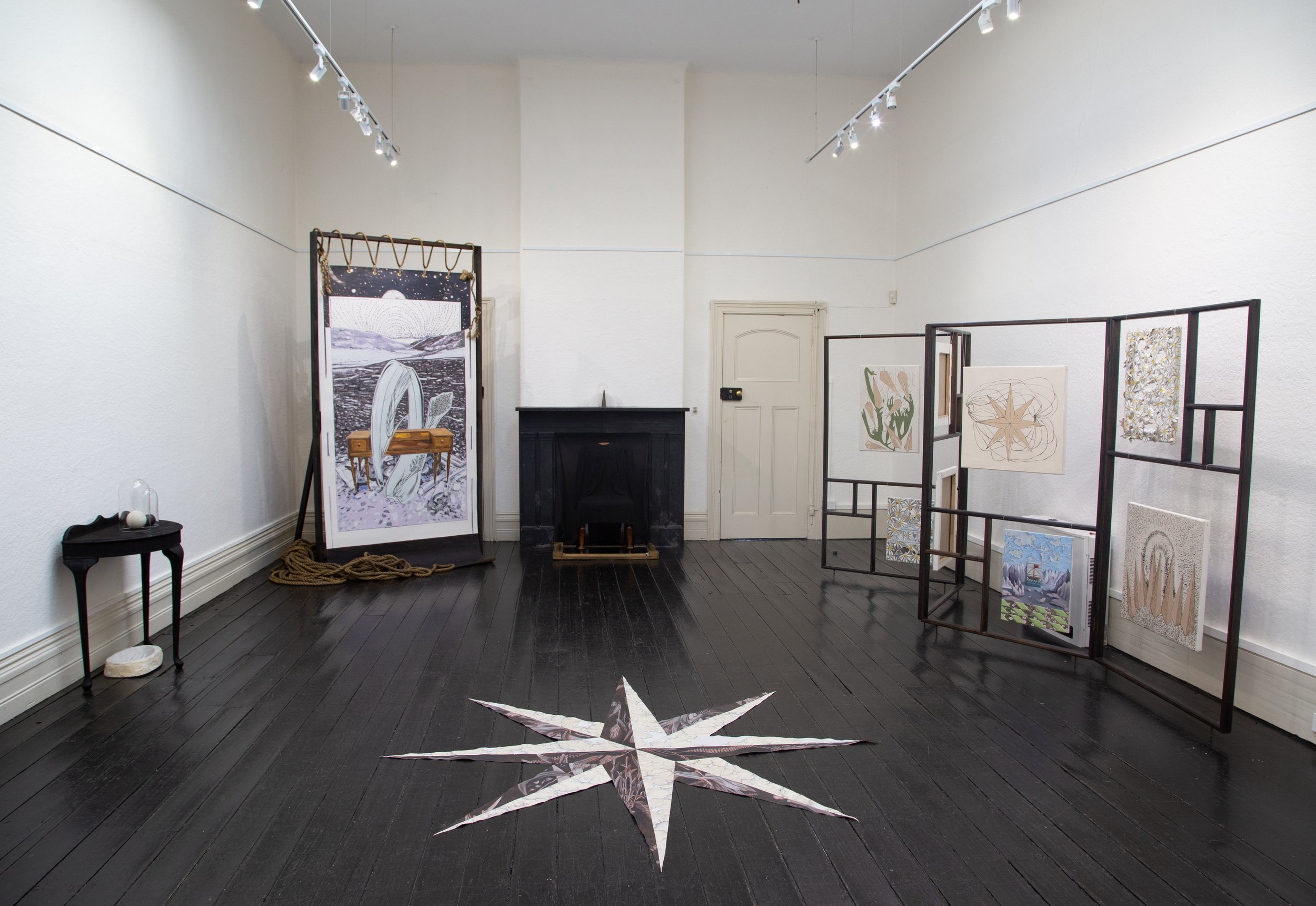  Installation image, with  All difficulties, All knowledge and all mysteries, Lodestar, and screen with small paintings by Jo Chew and Amber Koroluk-Stephenson  