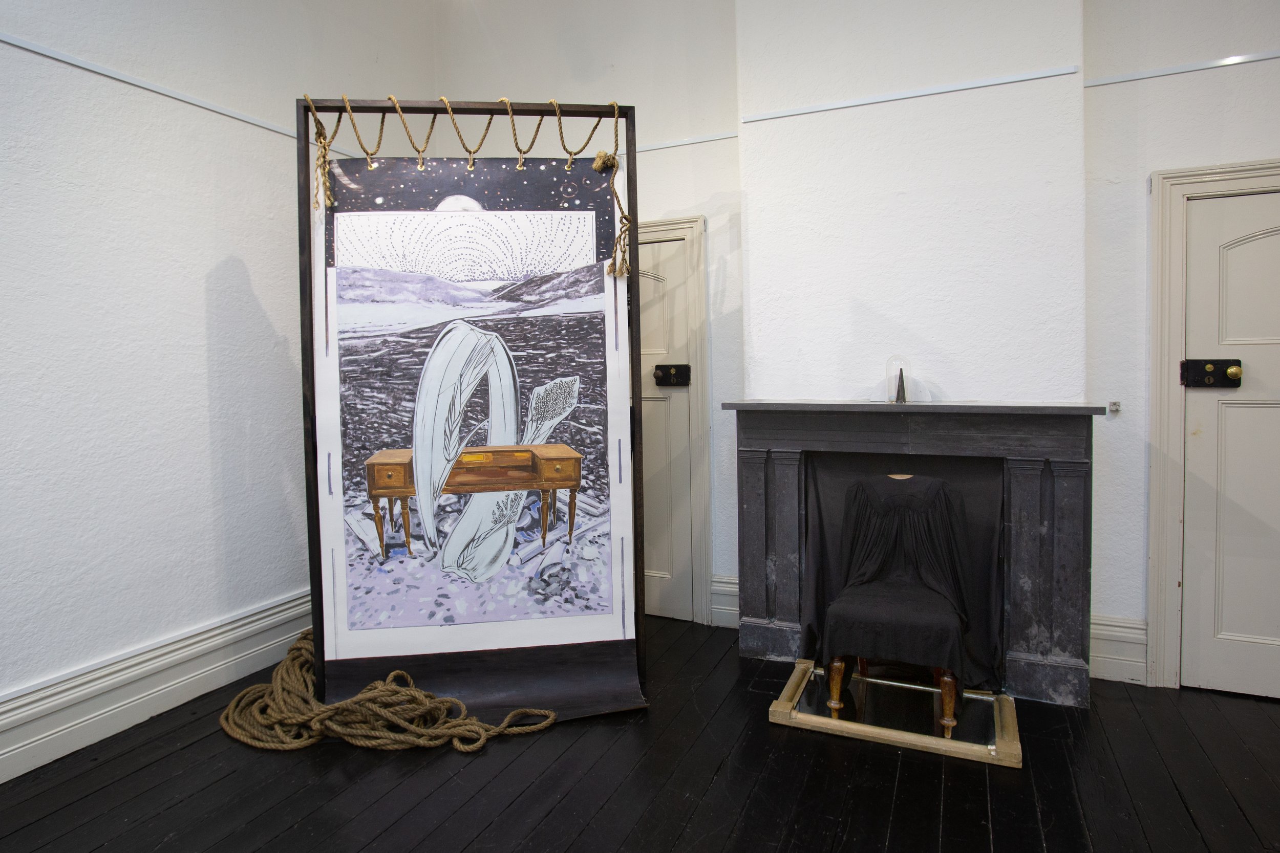  Jo Chew,  All mysteries and all knowledge , 2023, Oil on linen, Tas oak stand, antique rope, 250 x 130cm  Jo Chew,  Foul anchor , 2023, Chair, mirror, academic gown, cloth, embroidery thread, Dimensions variable   