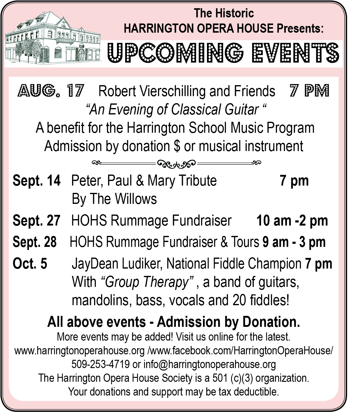 Upcoming Events at the Harrington Opera House