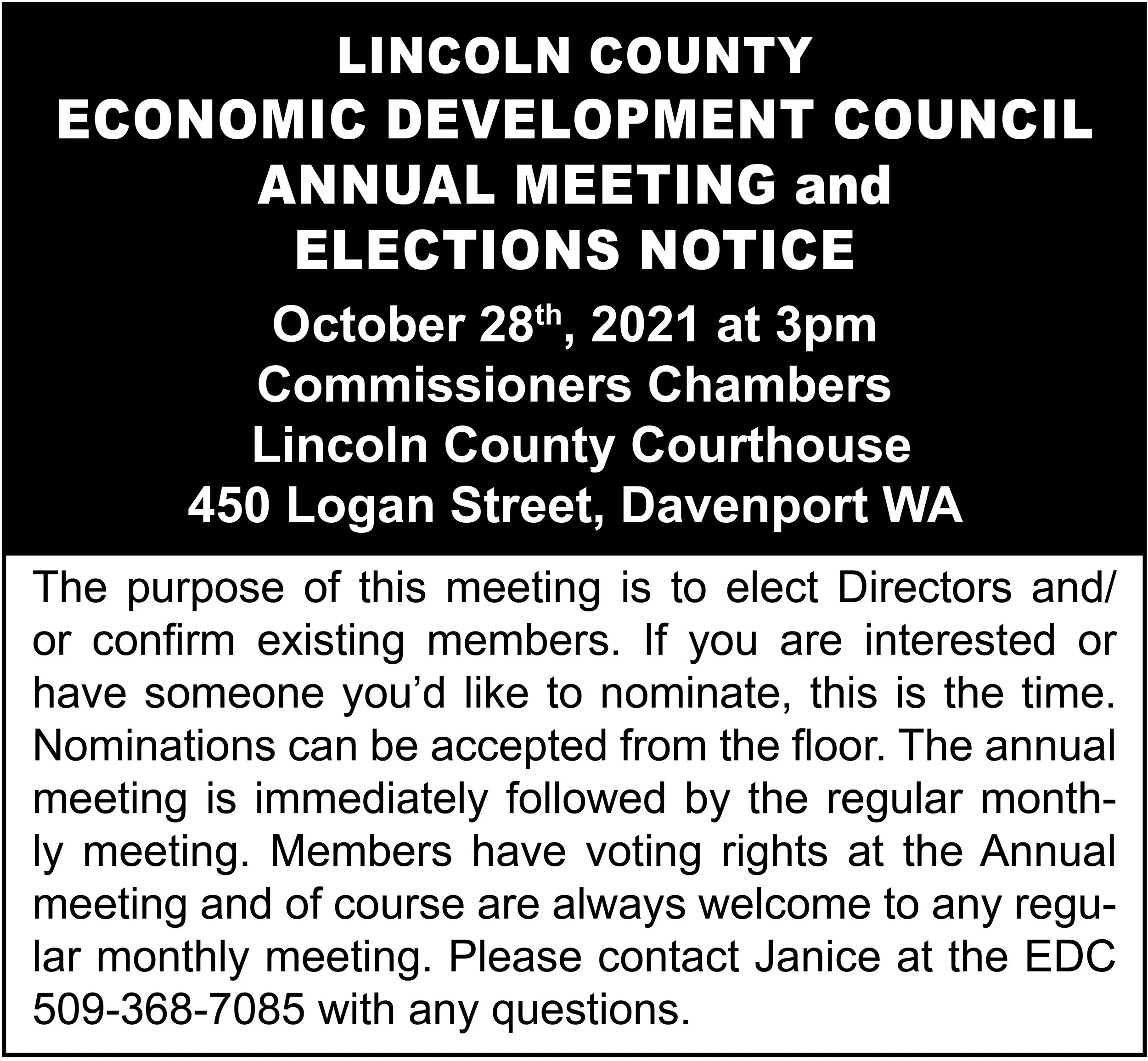 Lincoln County Economic Development Council Annual Meeting and Elections Notice