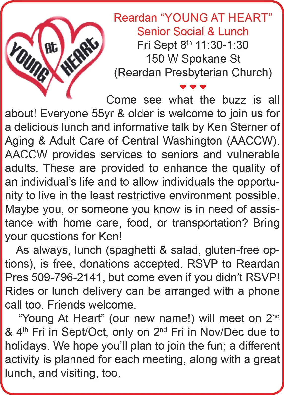Young At Heart - Reardan Senior Lunch and social