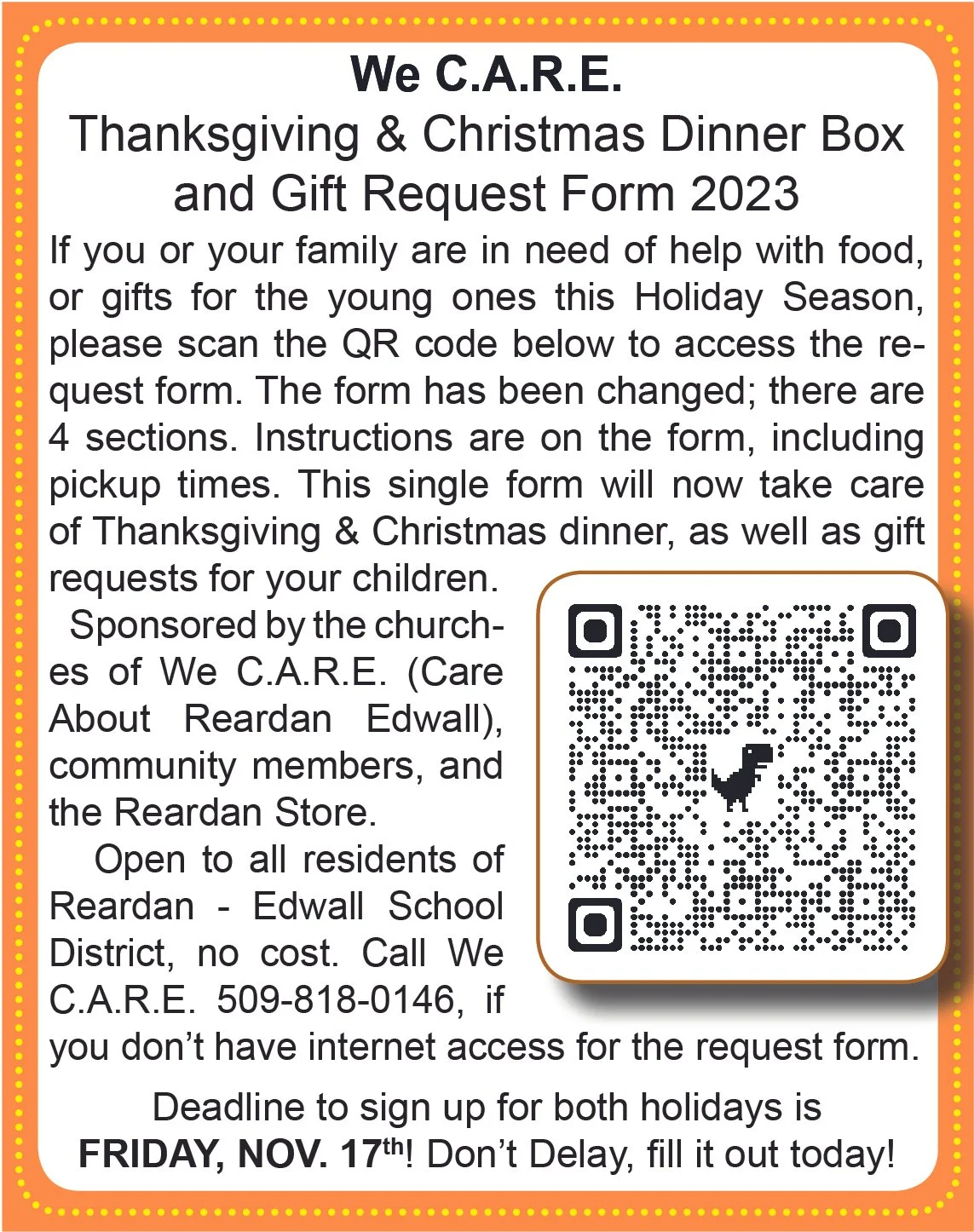 We C.A.R.E. Thanksgiving & Christmas Dinner Box and Gift Request Form 2023