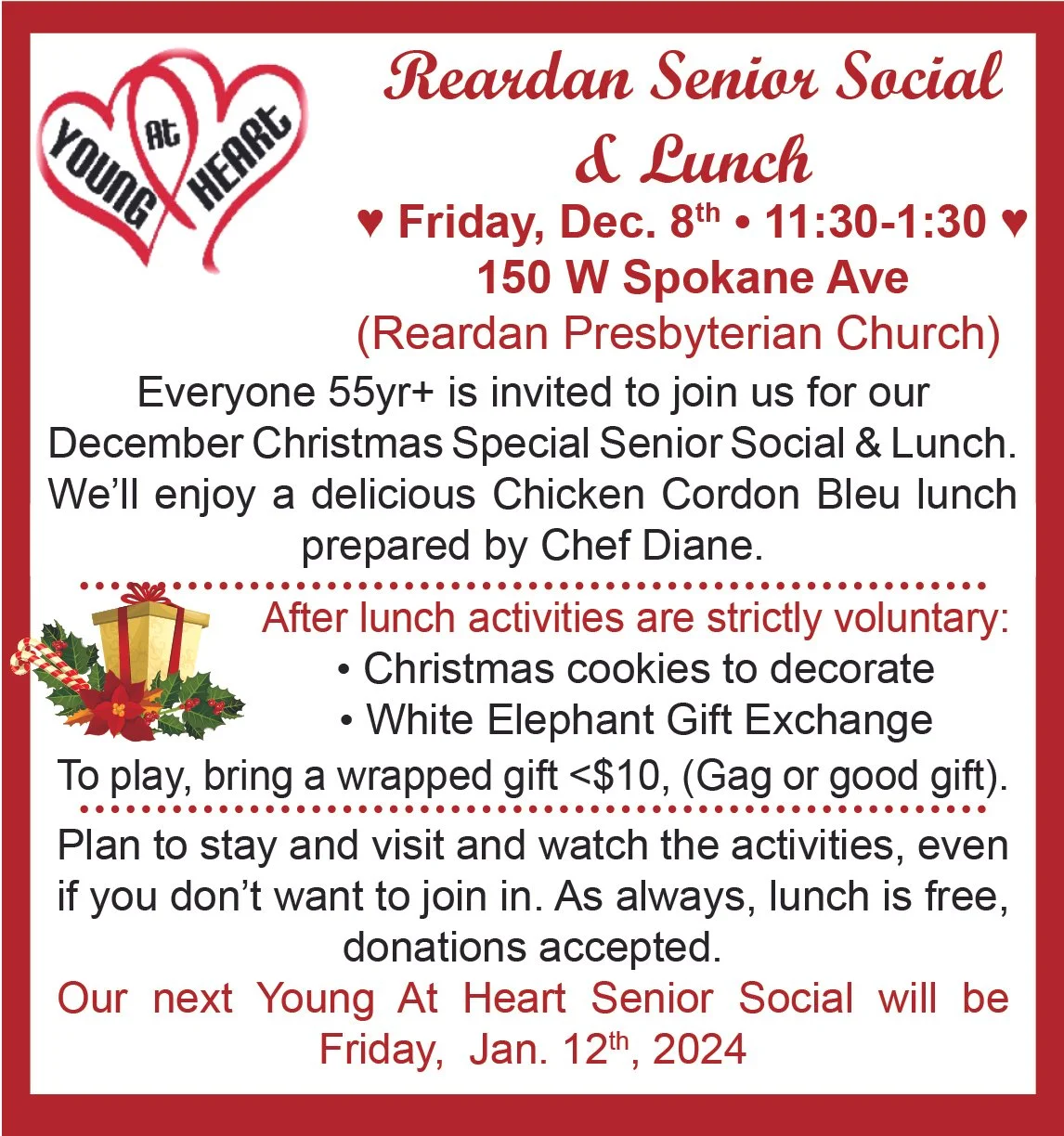 Young at Heart Reardan Senior Social &amp; Lunch - December 2023