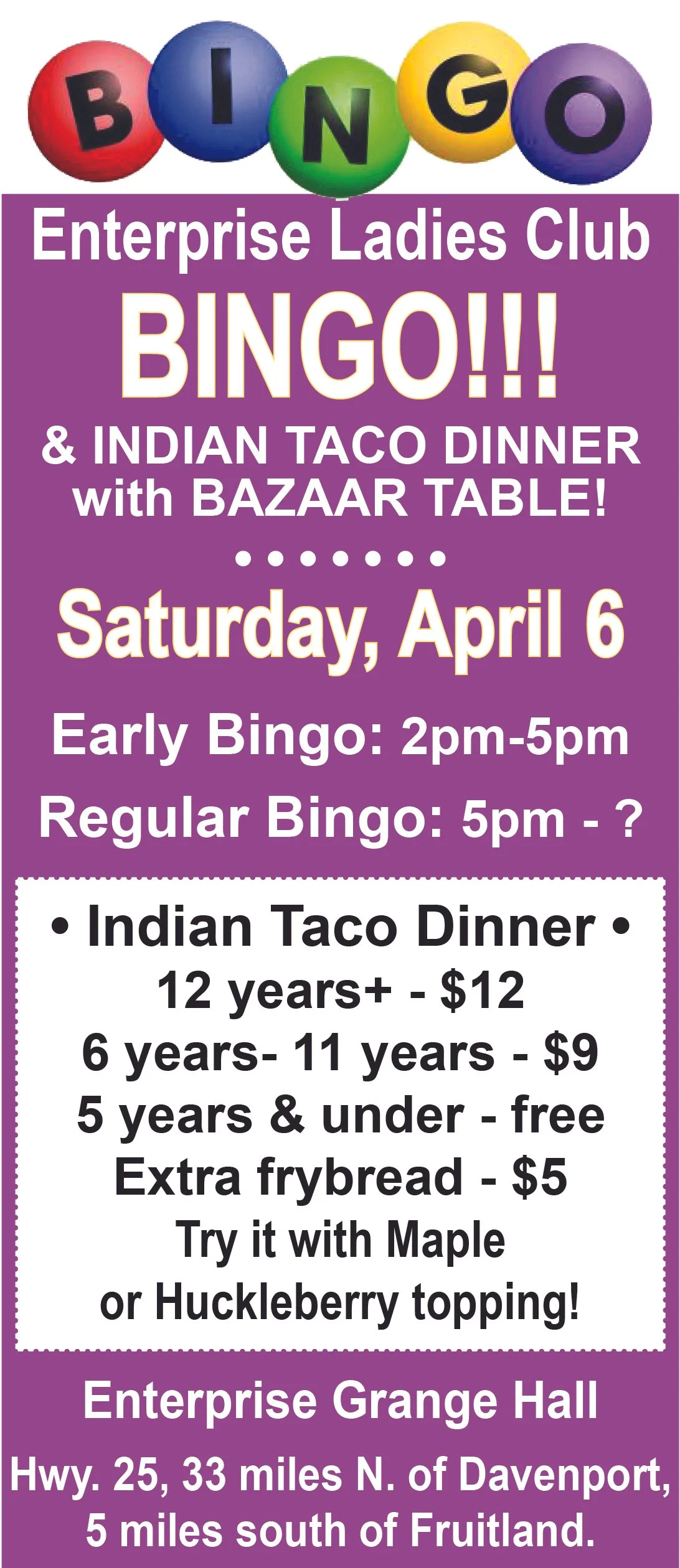 BINGO and Indian Taco Dinner with the Enterprise Ladies Club