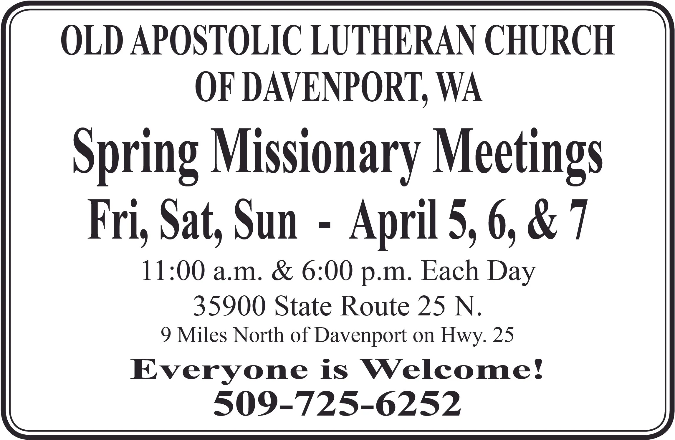 Old Apostolic Lutheran Church Spring Missionary Meetings 