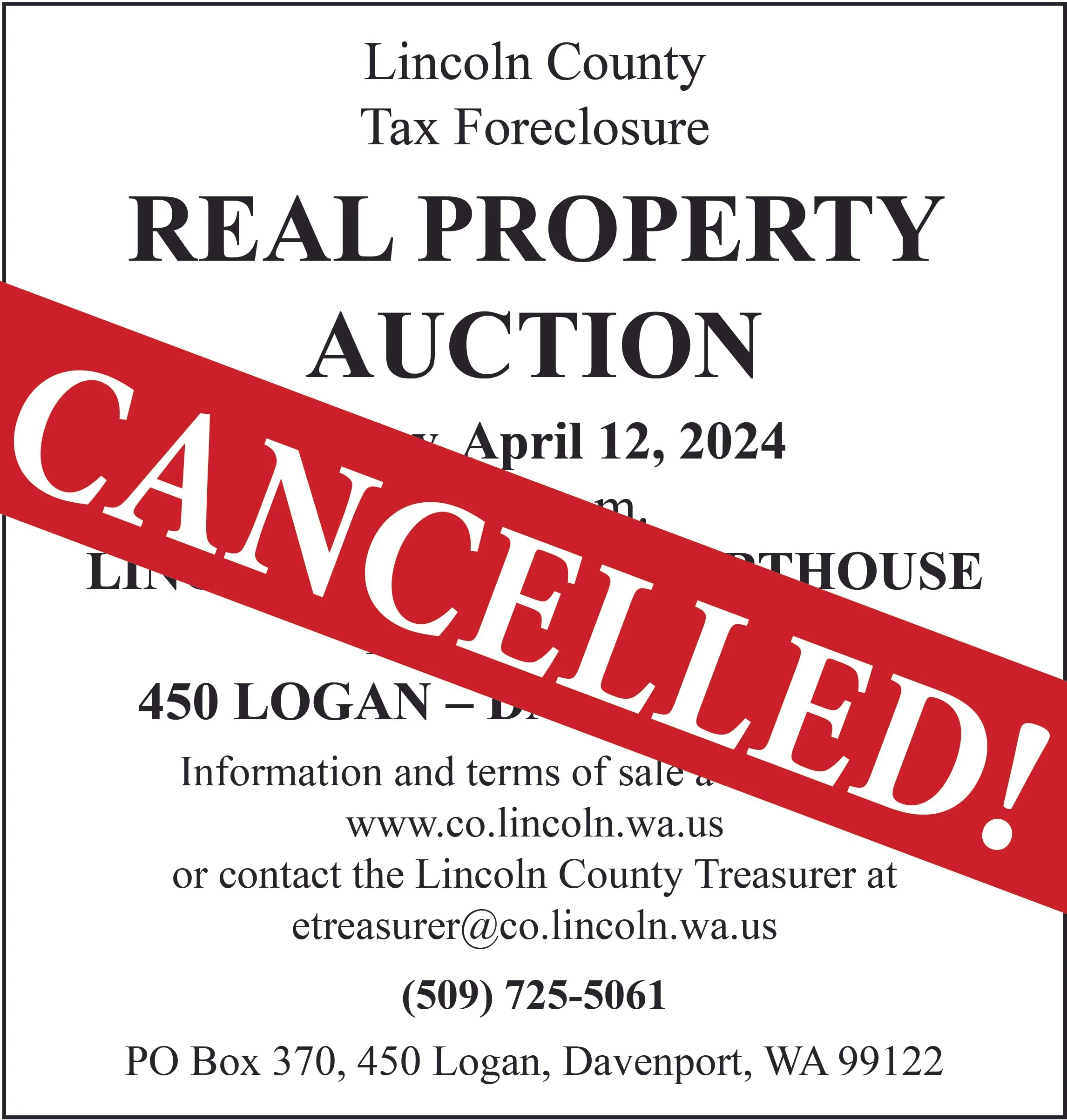 Lincoln County Tax Foreclosure REAL PROPERTY  AUCTION - Cancelled