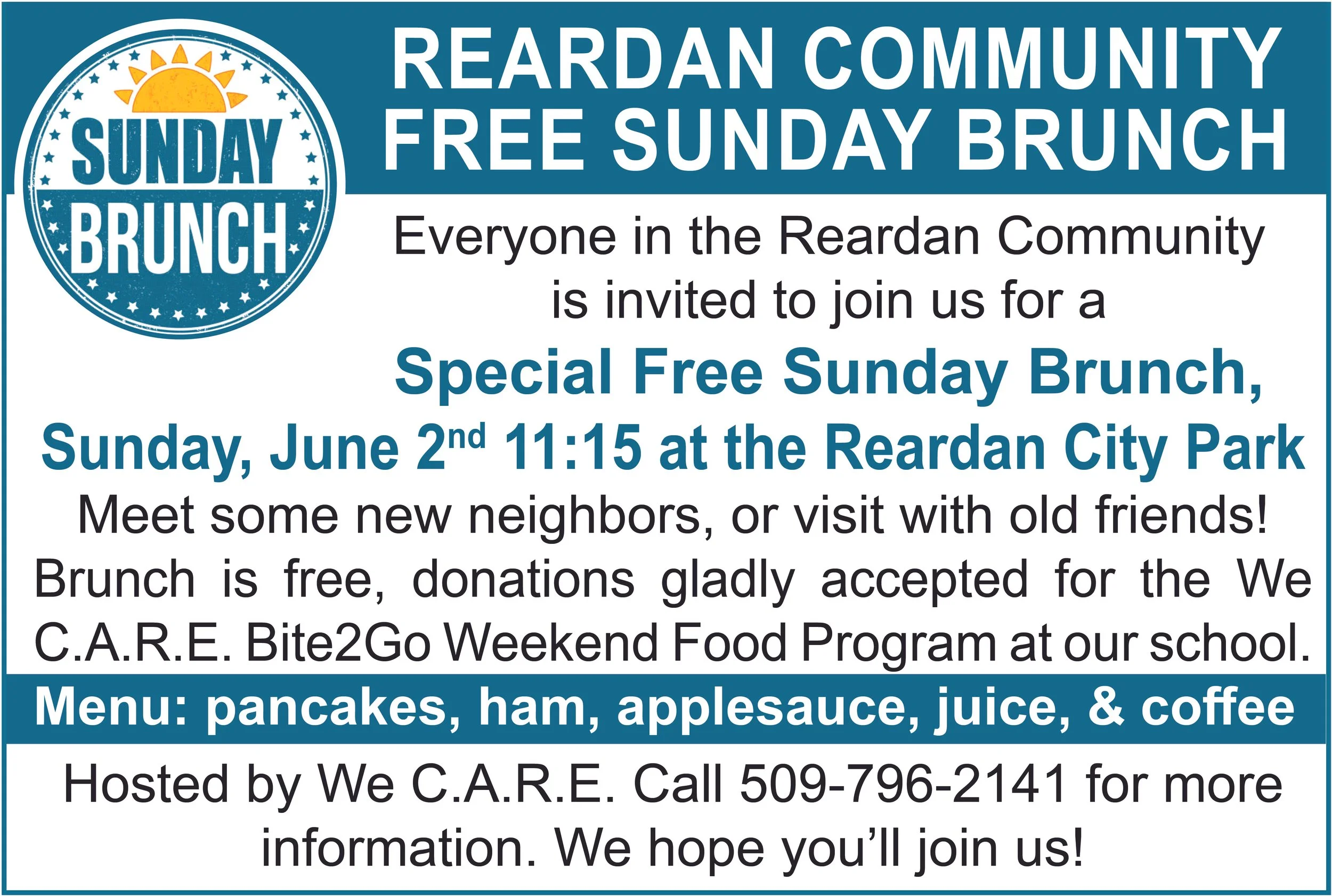 Reardan Community free Sunday Brunch