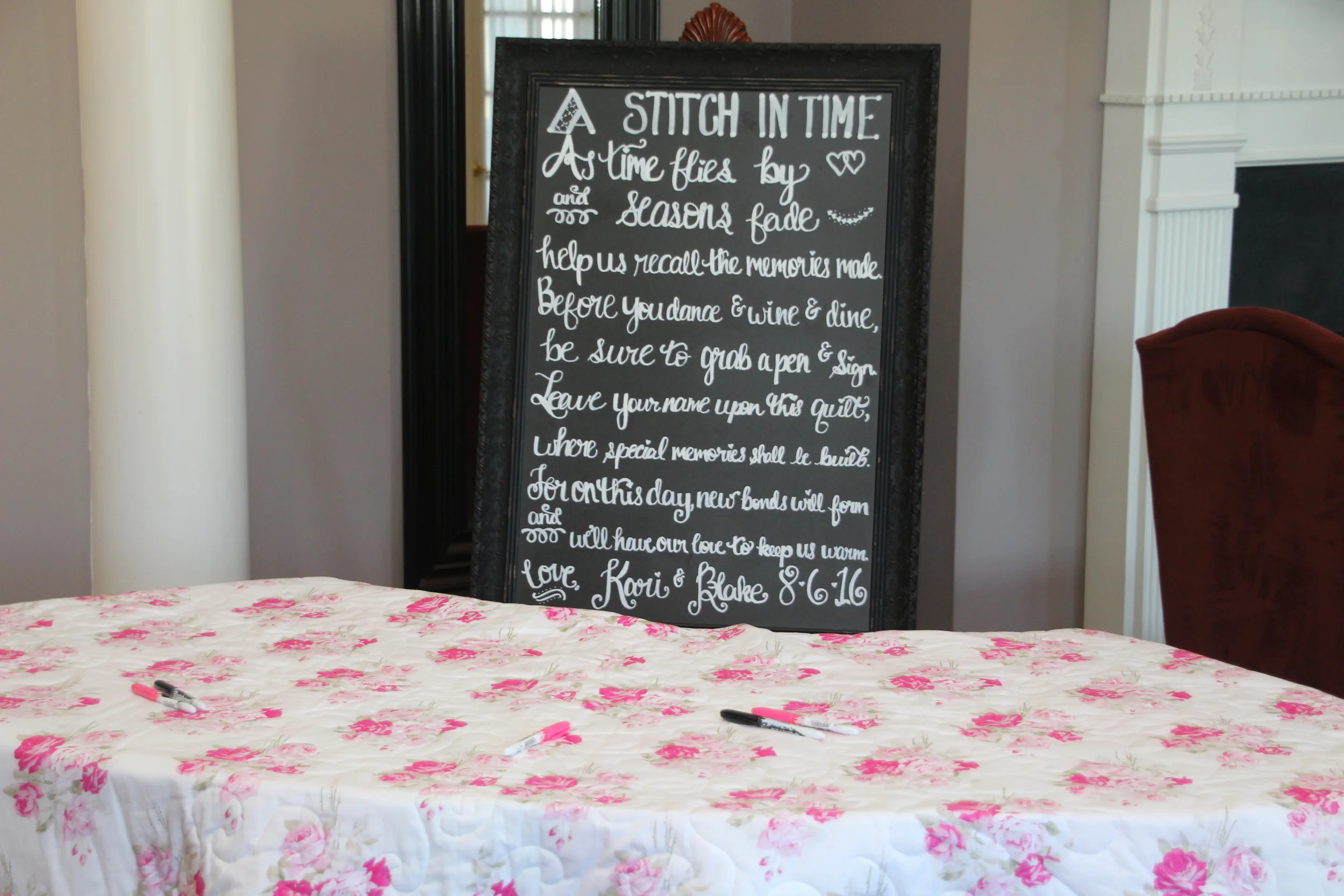 This has got to be one of my favorite "guest book" ideas! The custom made quilt was on display for all of the guests to sign, and later will be used to warm up on chilly nights, while our bride and groom take a walk down memory lane. 