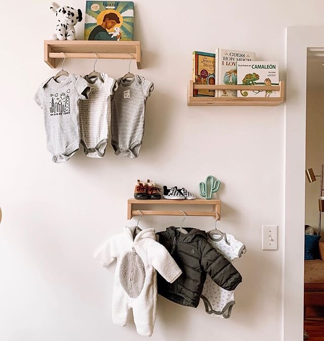 C&rsquo;mon baby, we&rsquo;re ready for ya! Three days past our due date and we are antsy for this baby to arrive. #babywatch 👀 One of our favorite baby room hacks was using these @ikeausa spice racks (3.99 each!) to create some extra storage space 