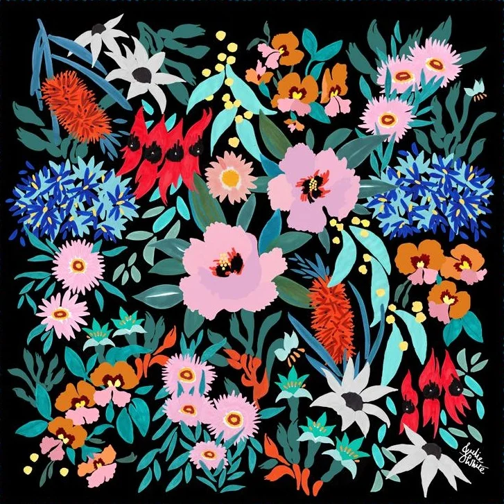 Julie White Flower Dance silk georgette scarf in black featuring Australian florals. Free international shipping.