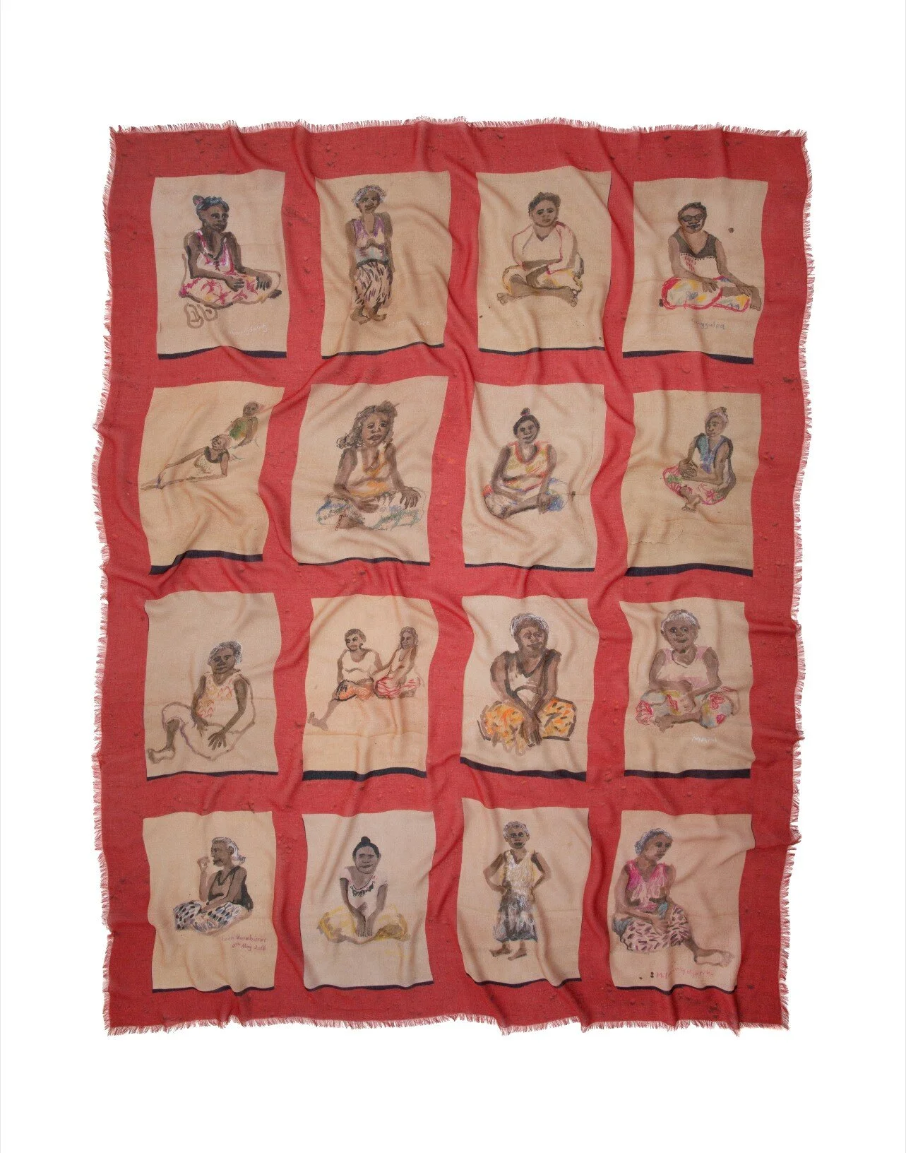 Justine Muller artist cashmere scarf for Skarfe. Milingimbi portraits.