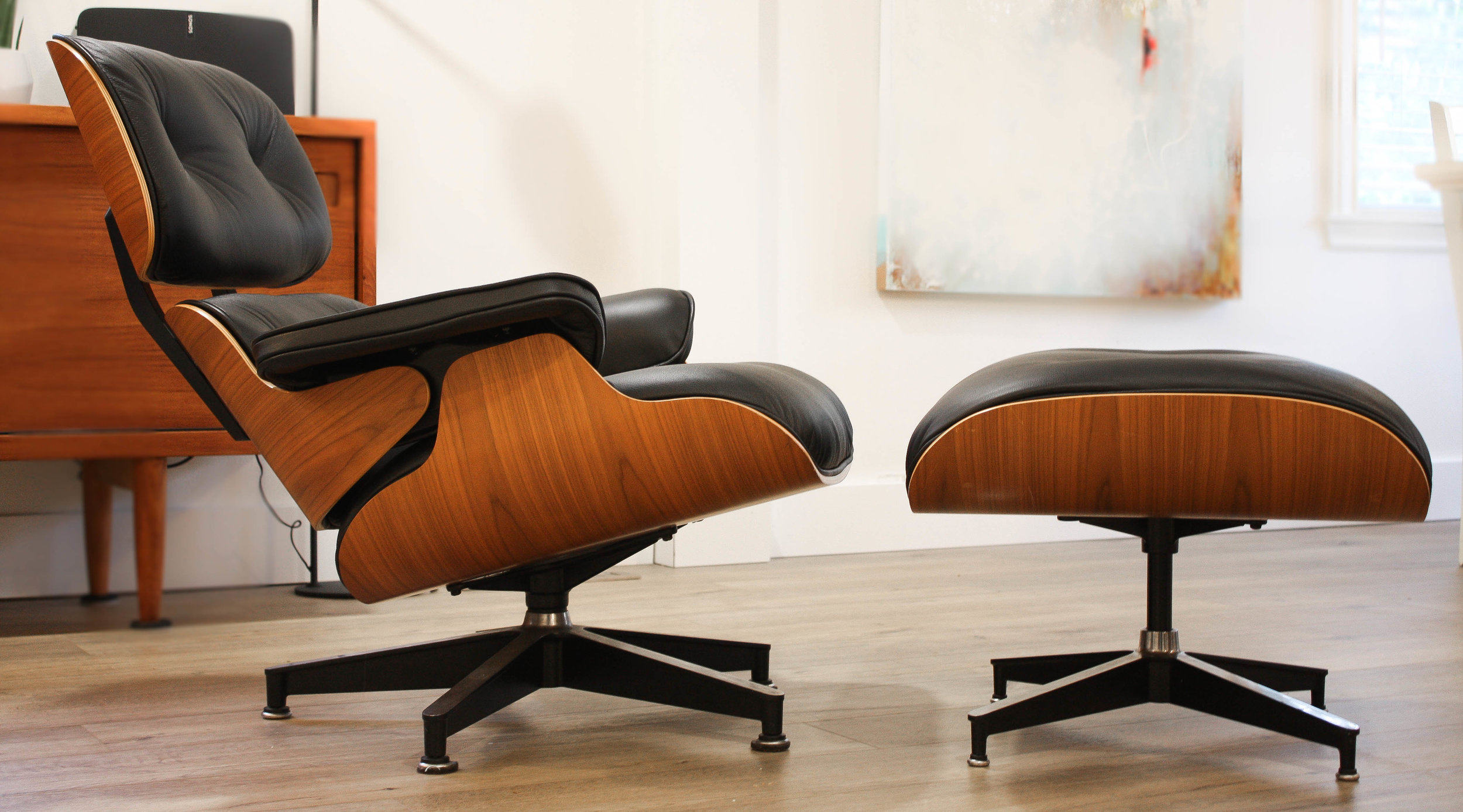 Walnut Eames Lounge Chair and Ottoman in Black Leather *SOLD 