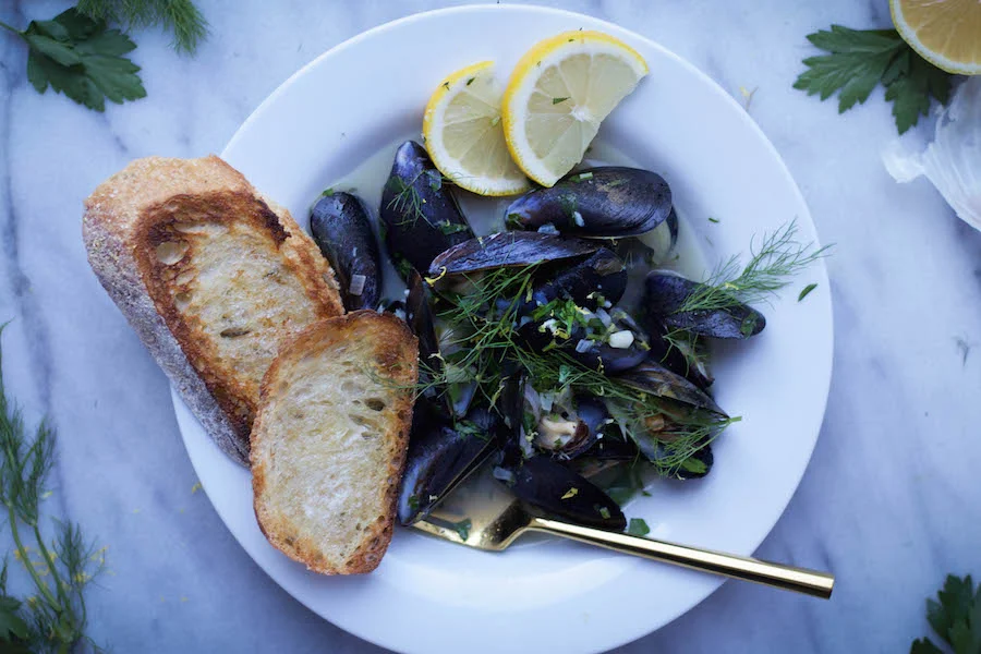 Steamed Mussels in Fennel White Wine Broth with Lemon — Feast & Fable