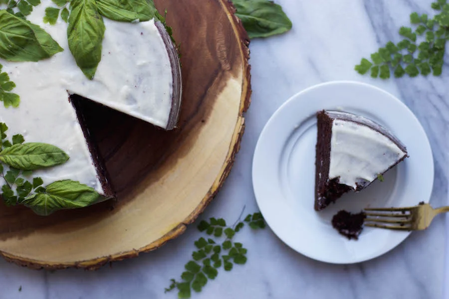 Molly’s Chocolate Cake with Basil Mascarpone Buttercream Frosting