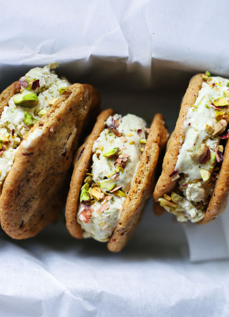 Dark Chocolate, Sea Salt + Pistachio Ice Cream Sandwiches — Feast & Fable