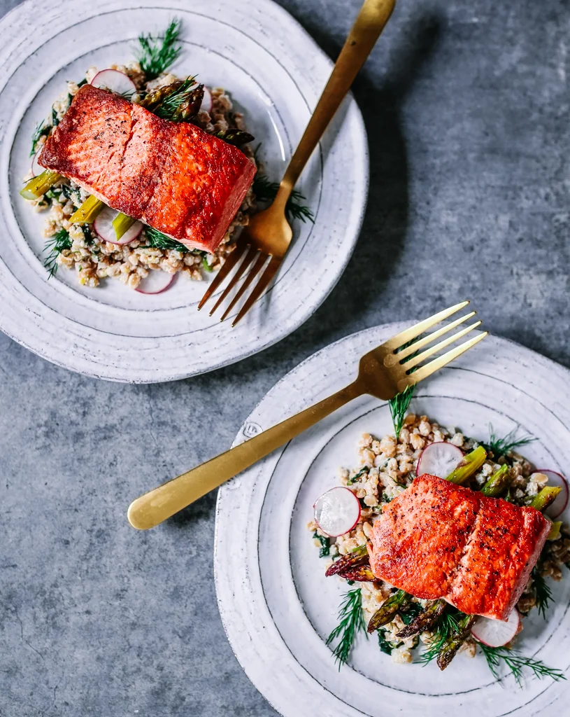 Spring Farro Salad with Lemon Roasted Asparagus and Salmon — Feast & Fable