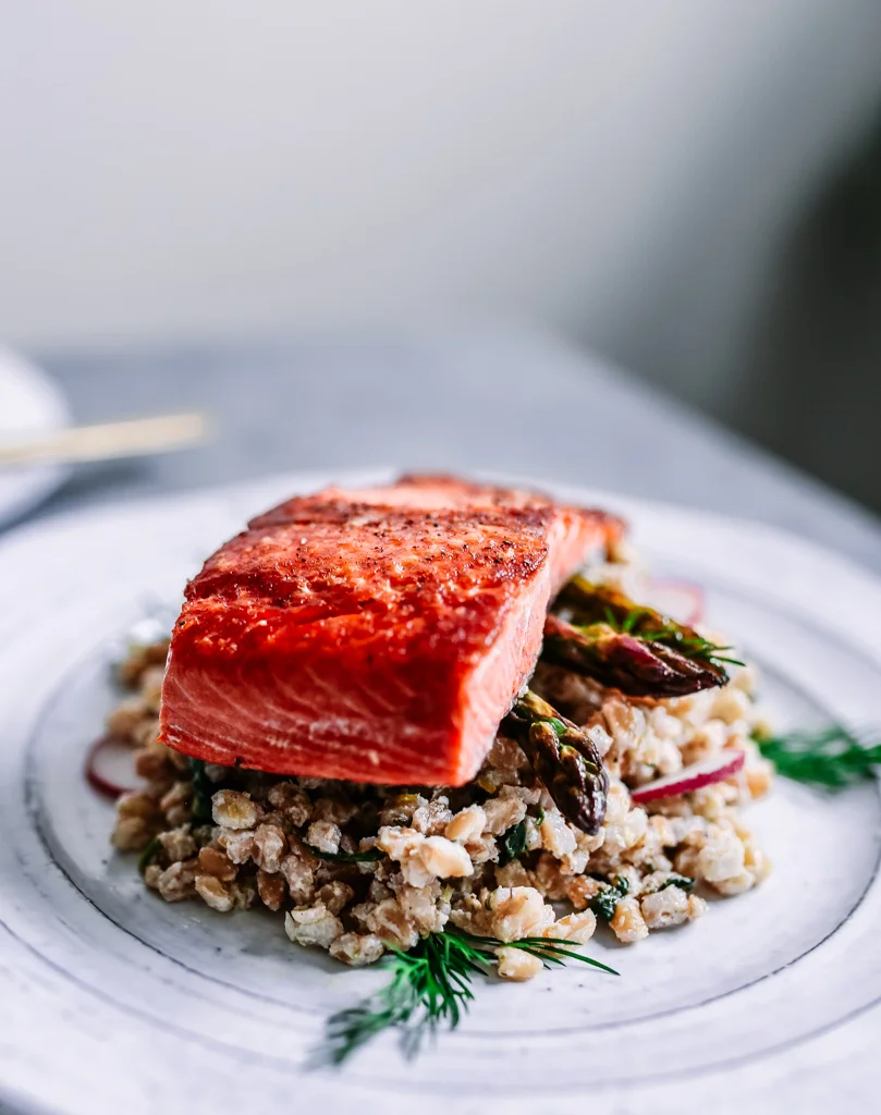 Spring Farro Salad with Lemon Roasted Asparagus and Salmon
