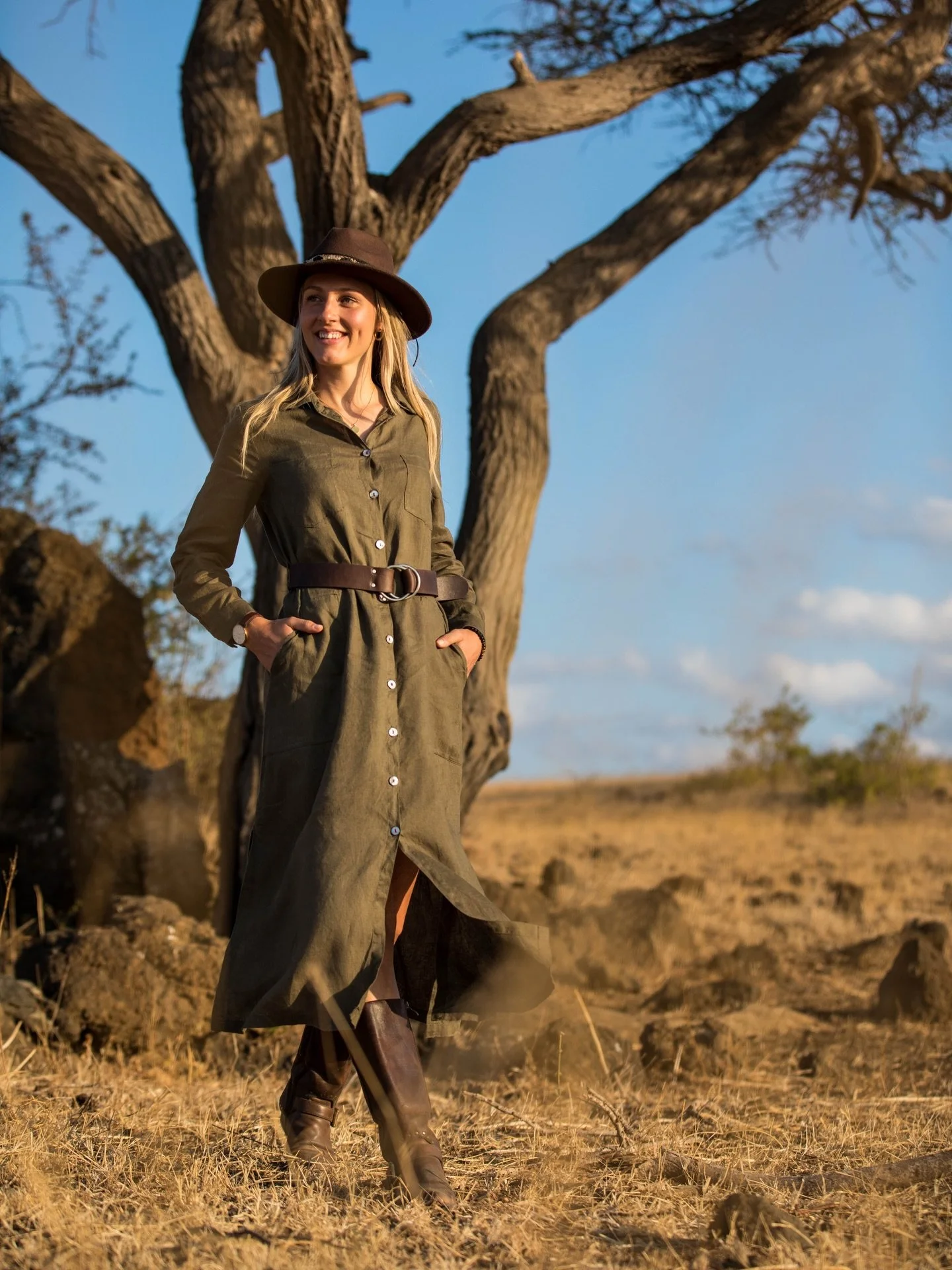 Exploring the Chyulu Hills at ol Donyo Lodge
d&amp;b Clothing: Torres Dress in Olive, Marianne Wide Leather Belt in Brown.
Model: @tannie.sta 
Photographer: @andrewhowardphoto 
Kenya: @greatplainsconservation Ol Donyo Lodge
#DressToExplore