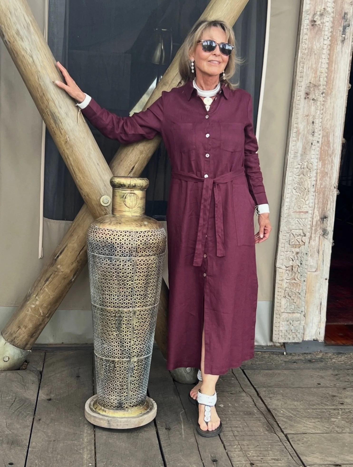 Beverly, showing off our latest Torres Dress colour, whilst spending some time at Mara Nyika.
d&amp;b Clothing: Torres Dress in Wine
Model: @beverlyjoubert 
Kenya: @greatplainsconservation Mara Nyika
#DressToExplore