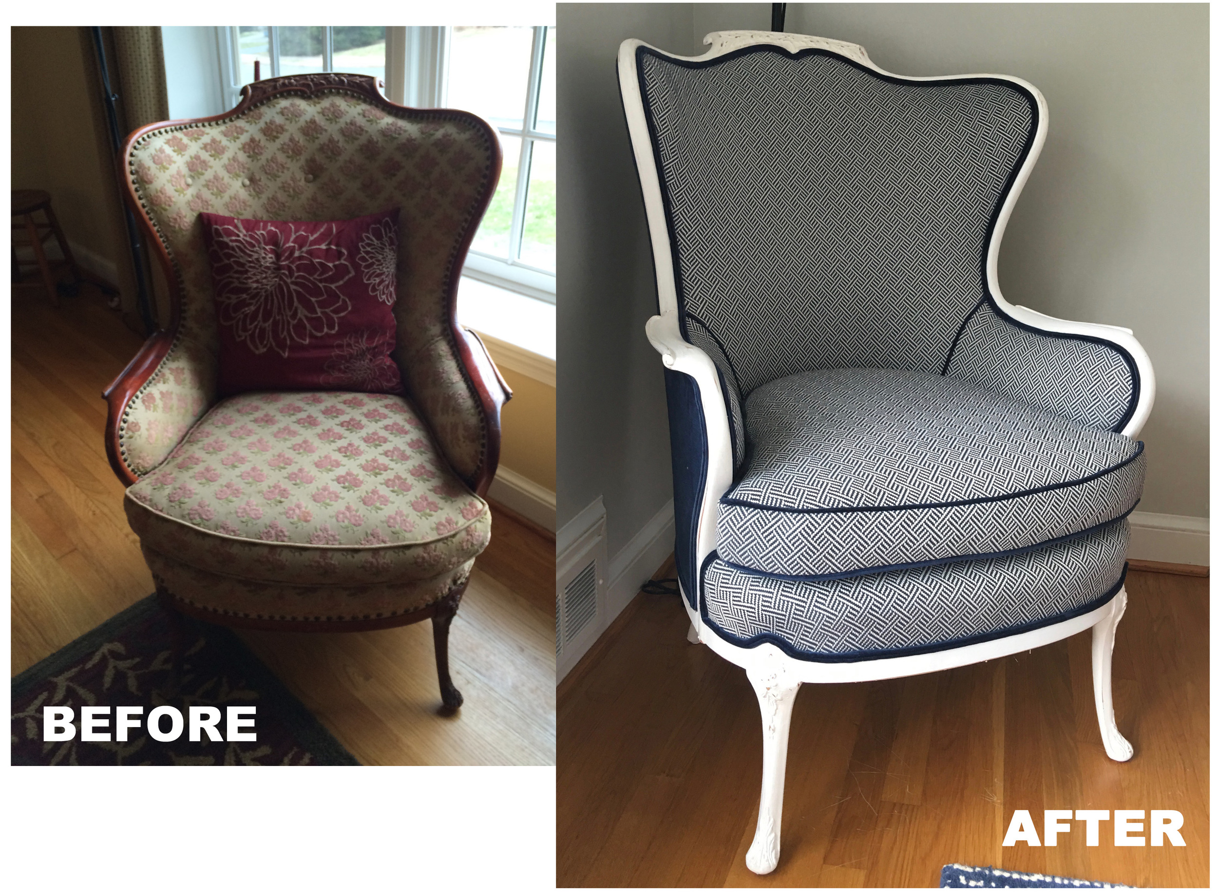 This update is fresh and light. Originally, the idea was to whitewash the wood frame but the wood was too red. The frame would have looked pink so we painted the chair instead. 