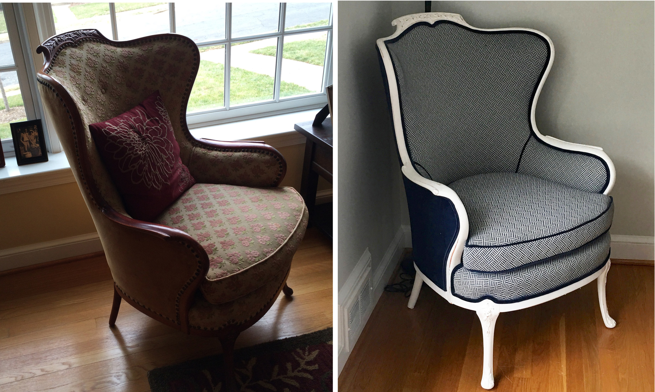 A Robert Allen fabric was selected for the front of the chair and a coordinating velvet was perfect for the piping and back.