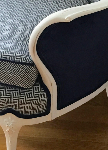 Painted wood frame with shabby chic affect. Now all this chair needs is a lovely lumbar pillow, preferably a Peter Dunham pillow.