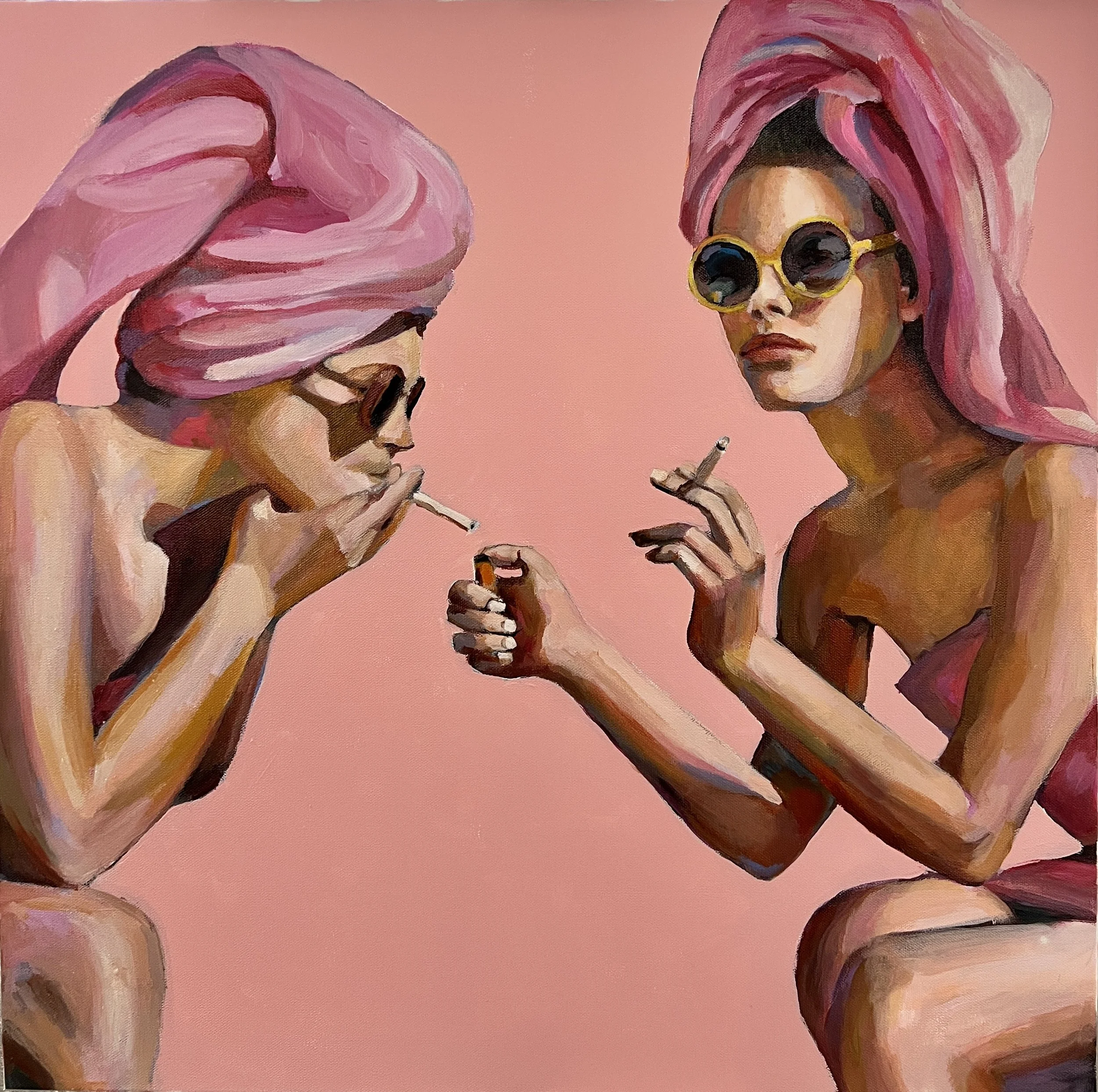  PINK TOWELS, acrylic and oil on canvas, 24 × 24 in.  PRIVATE COLLECTION  