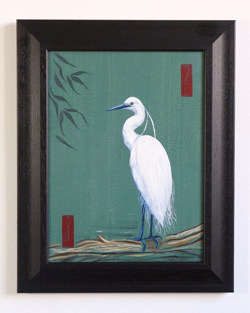 The White Egret, oil on paper, 39 x 31cm (framed), 2020