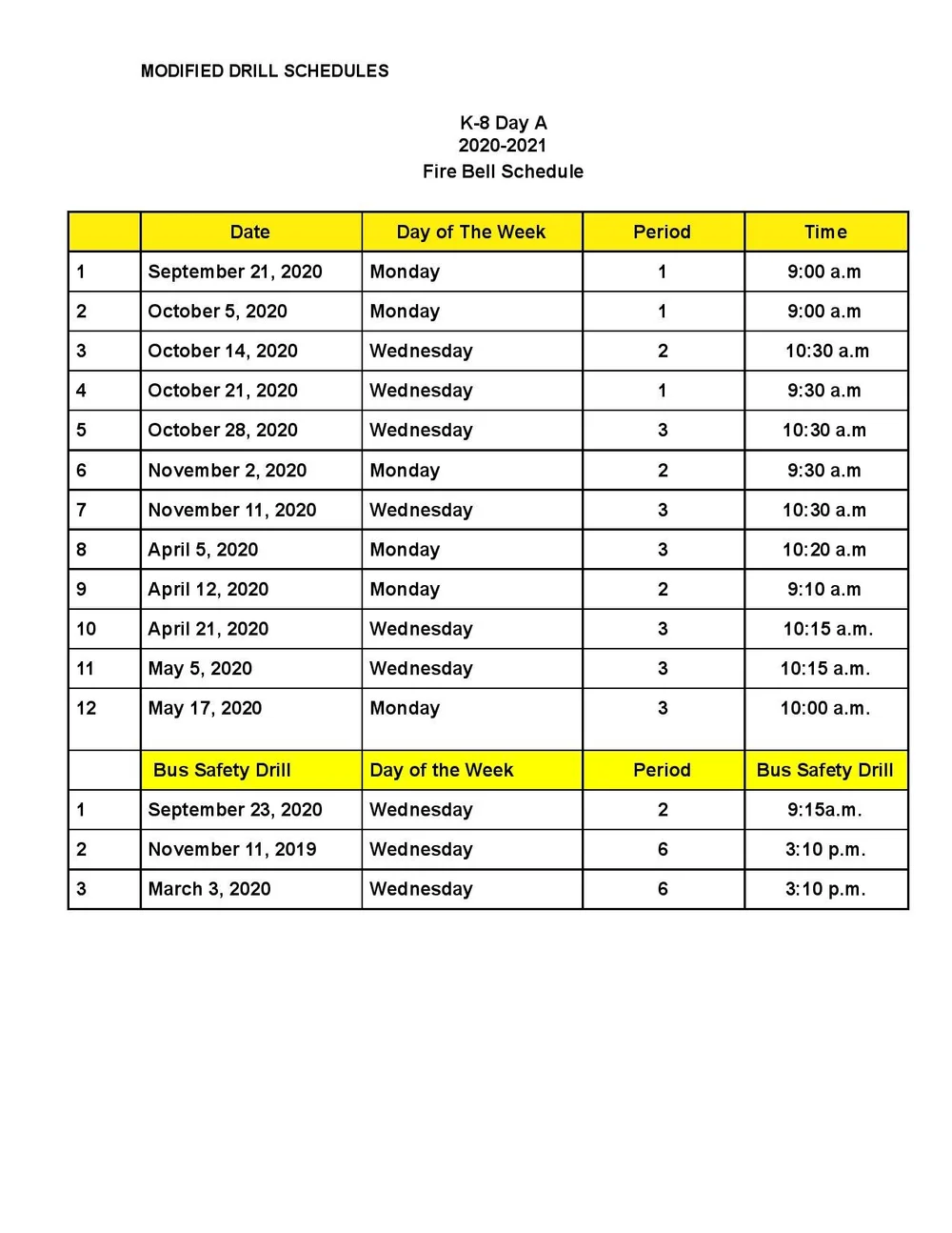Modified Drill Schedule — Challenge Charter School