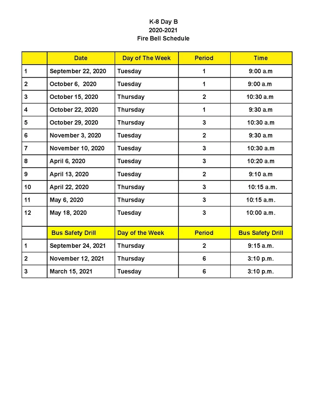 Modified Drill Schedule — Challenge Charter School