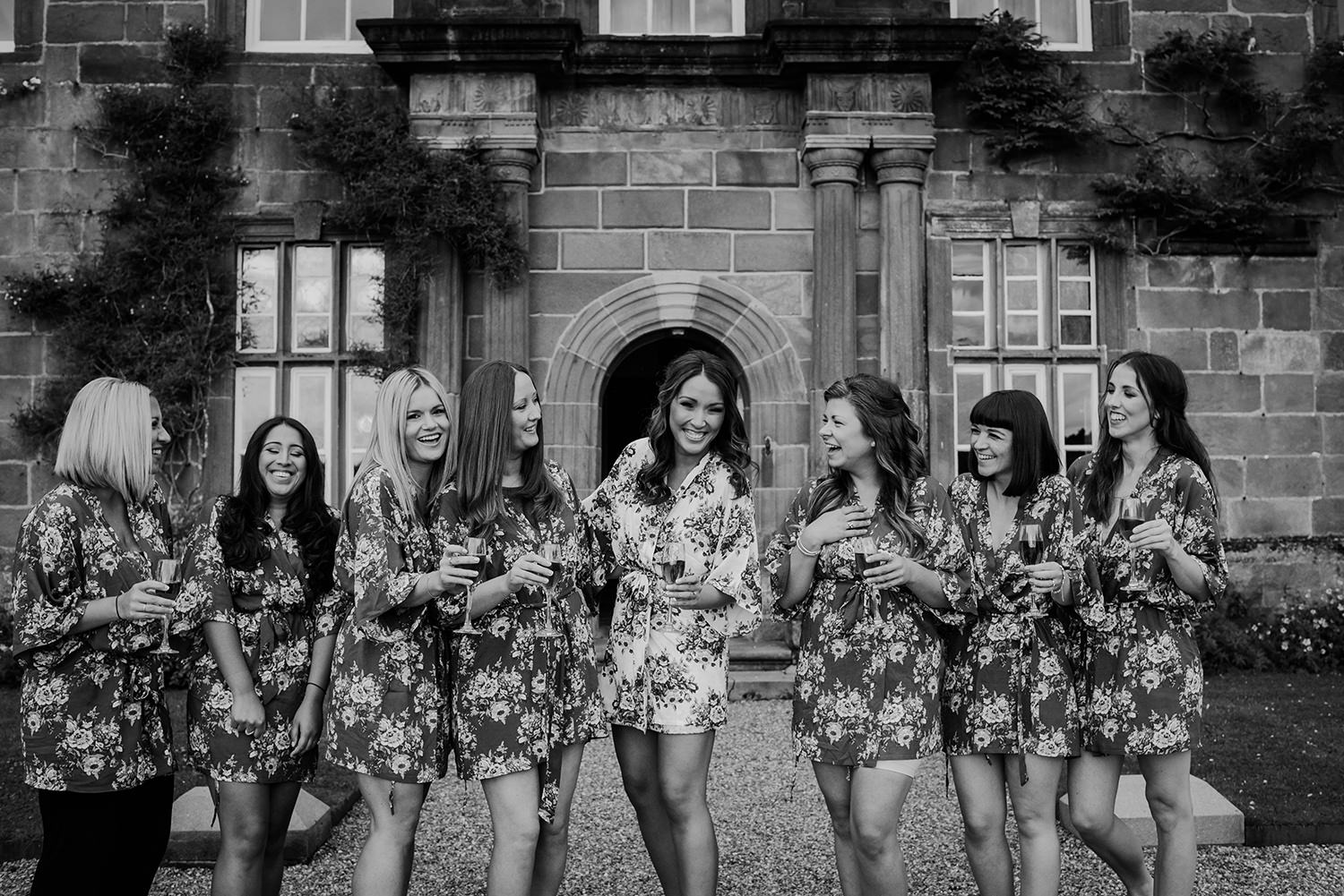  Black and white photo of bride and bridesmaids 