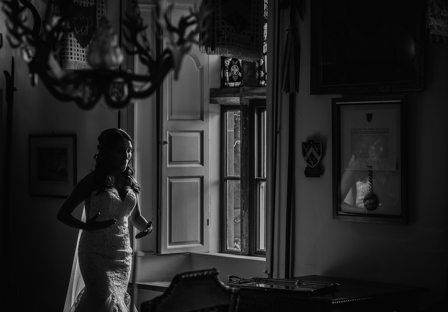  black and white photo of nervous bride 