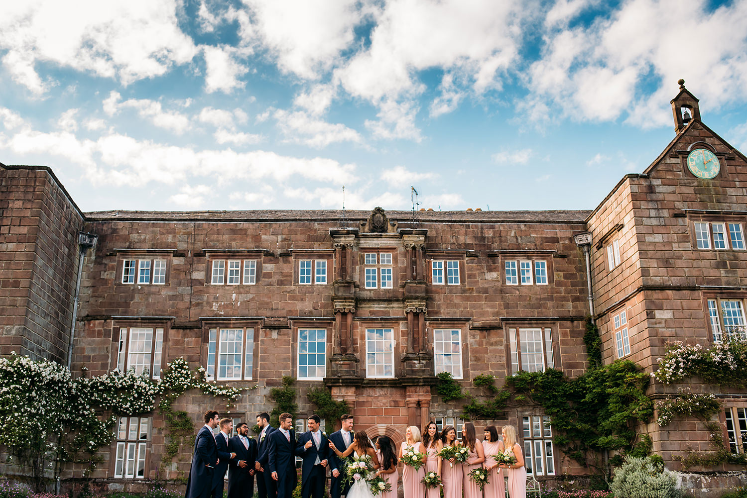  colour photo of bridal party in front of Browsholme hall 