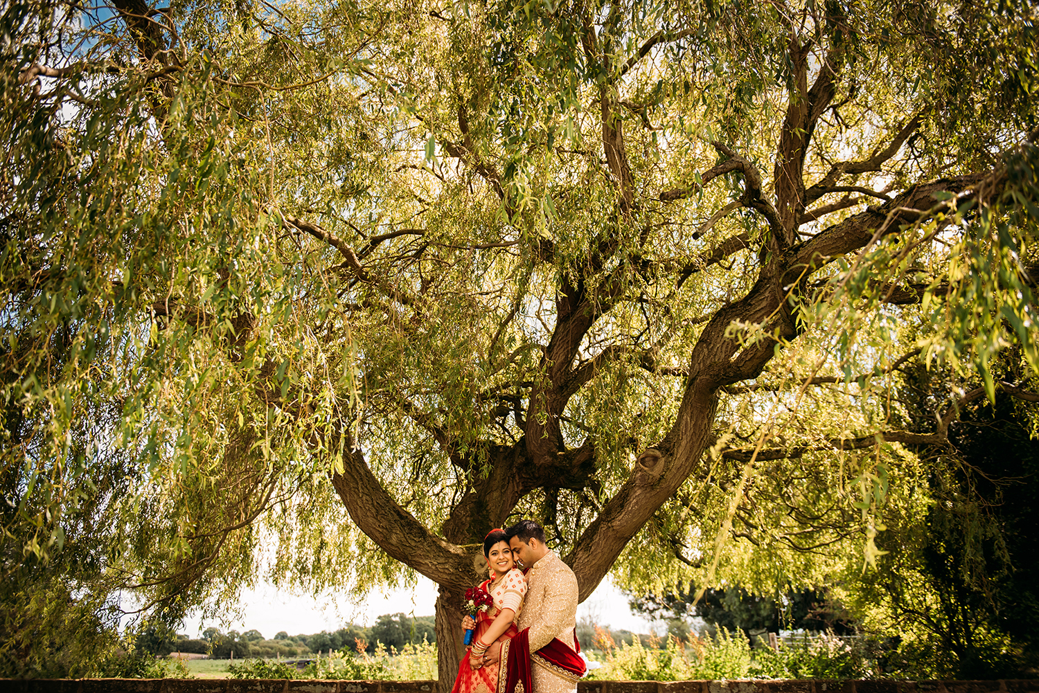  bride and groom under a huge tree 