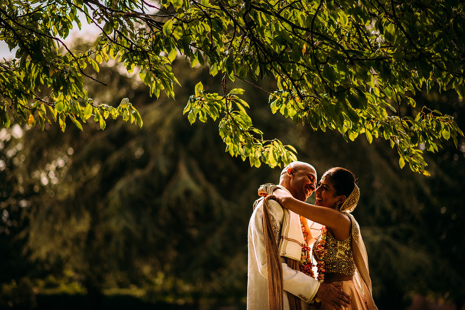  bride and groom under a tree 