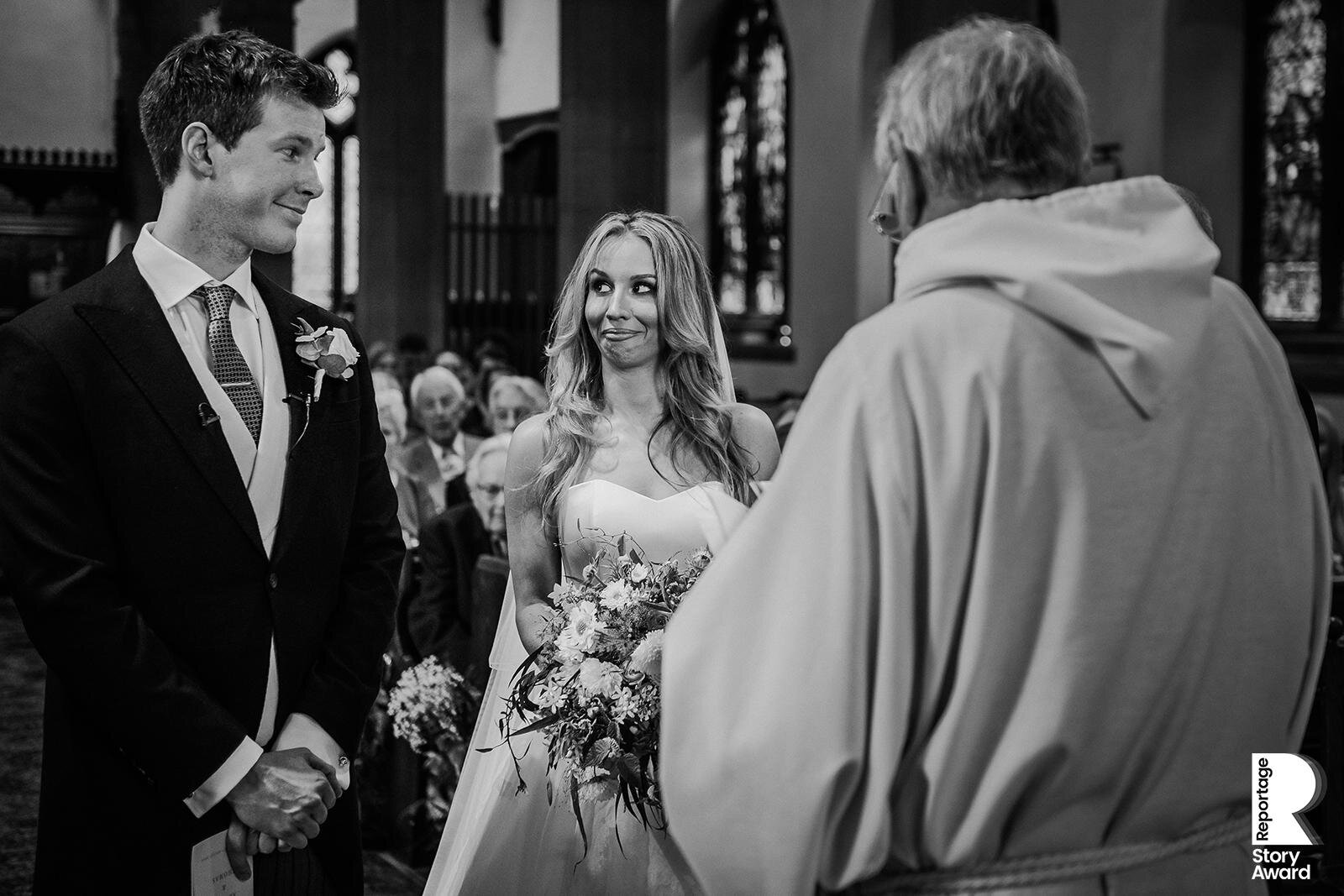  funny moment between the bride and groom at the alter 