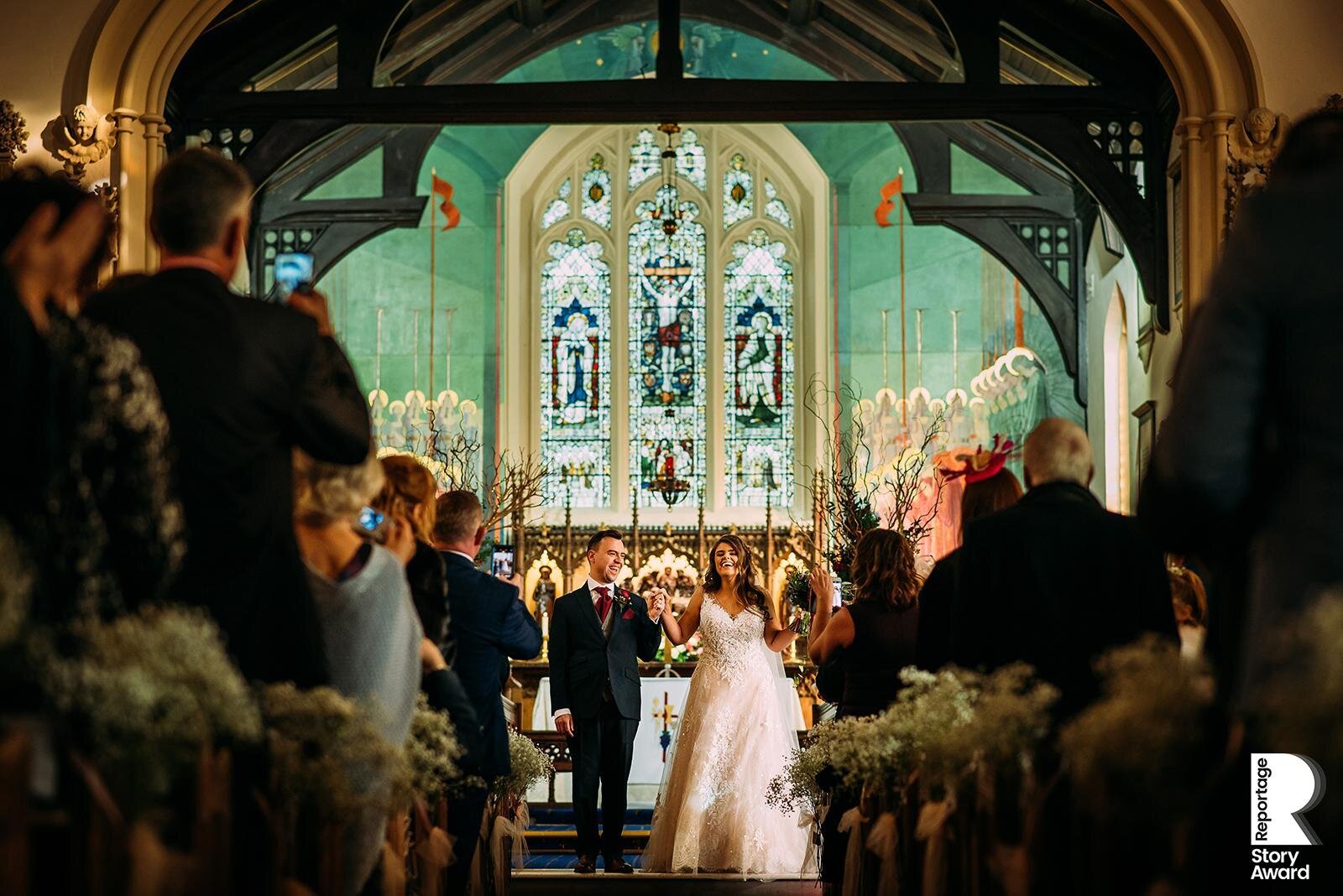  Bride and groom celebrate getting married in church 