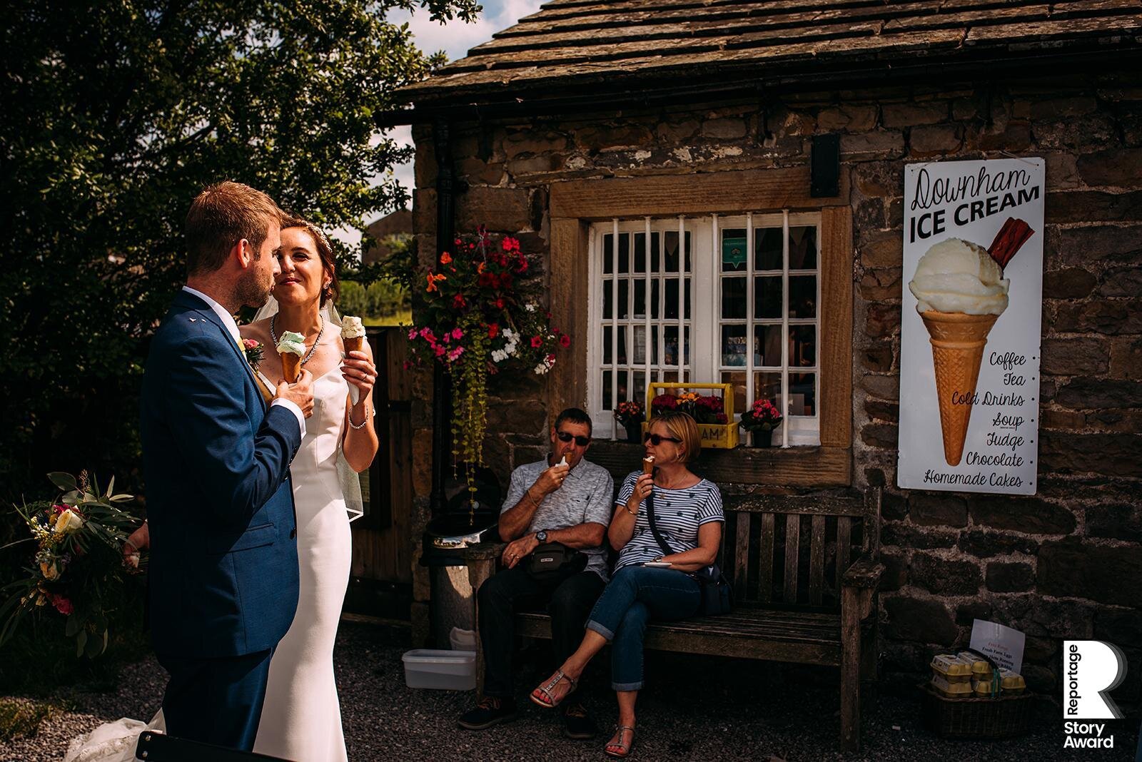  Bride and groom eating ice cream. 