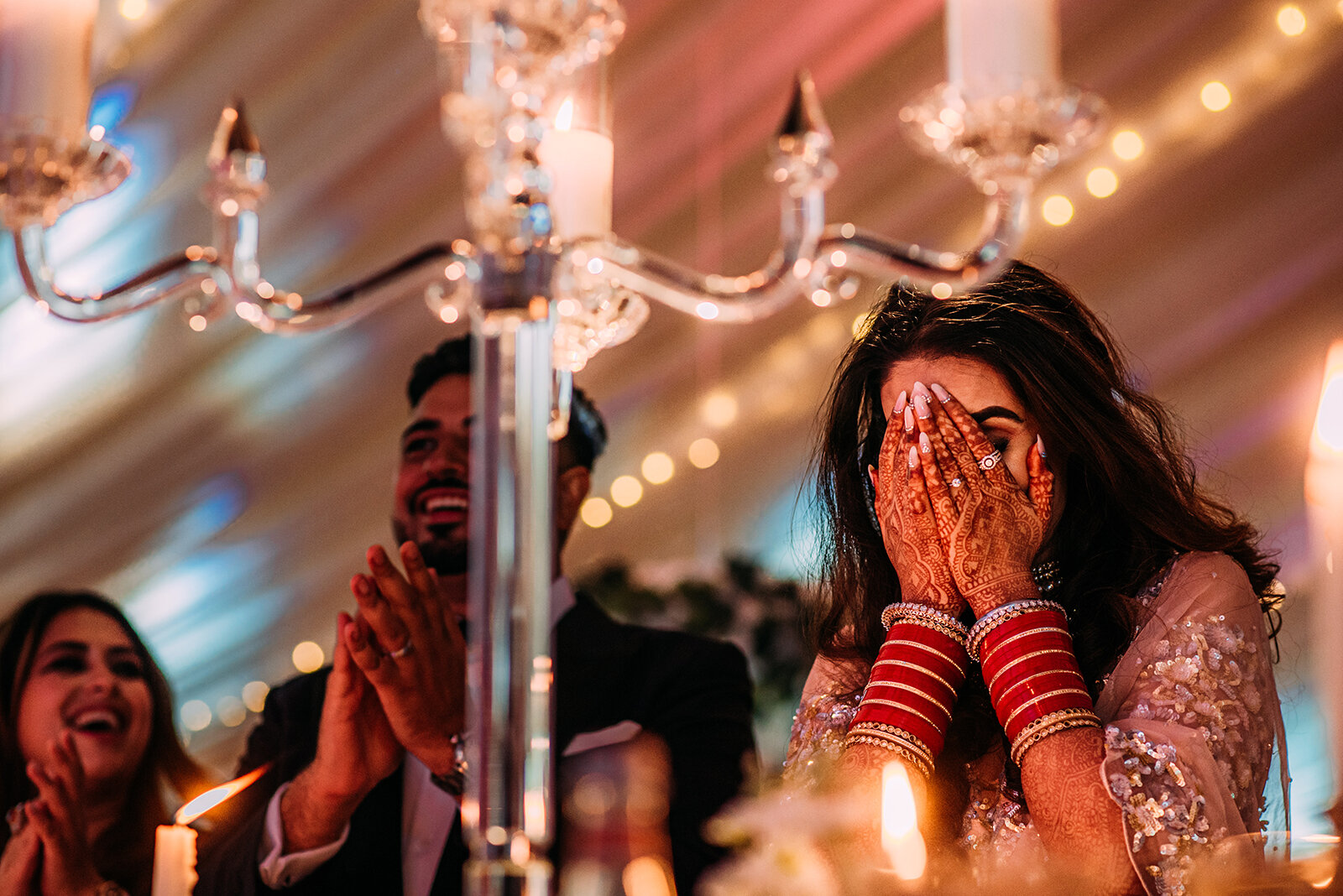  Bride hiding face during speeches. 