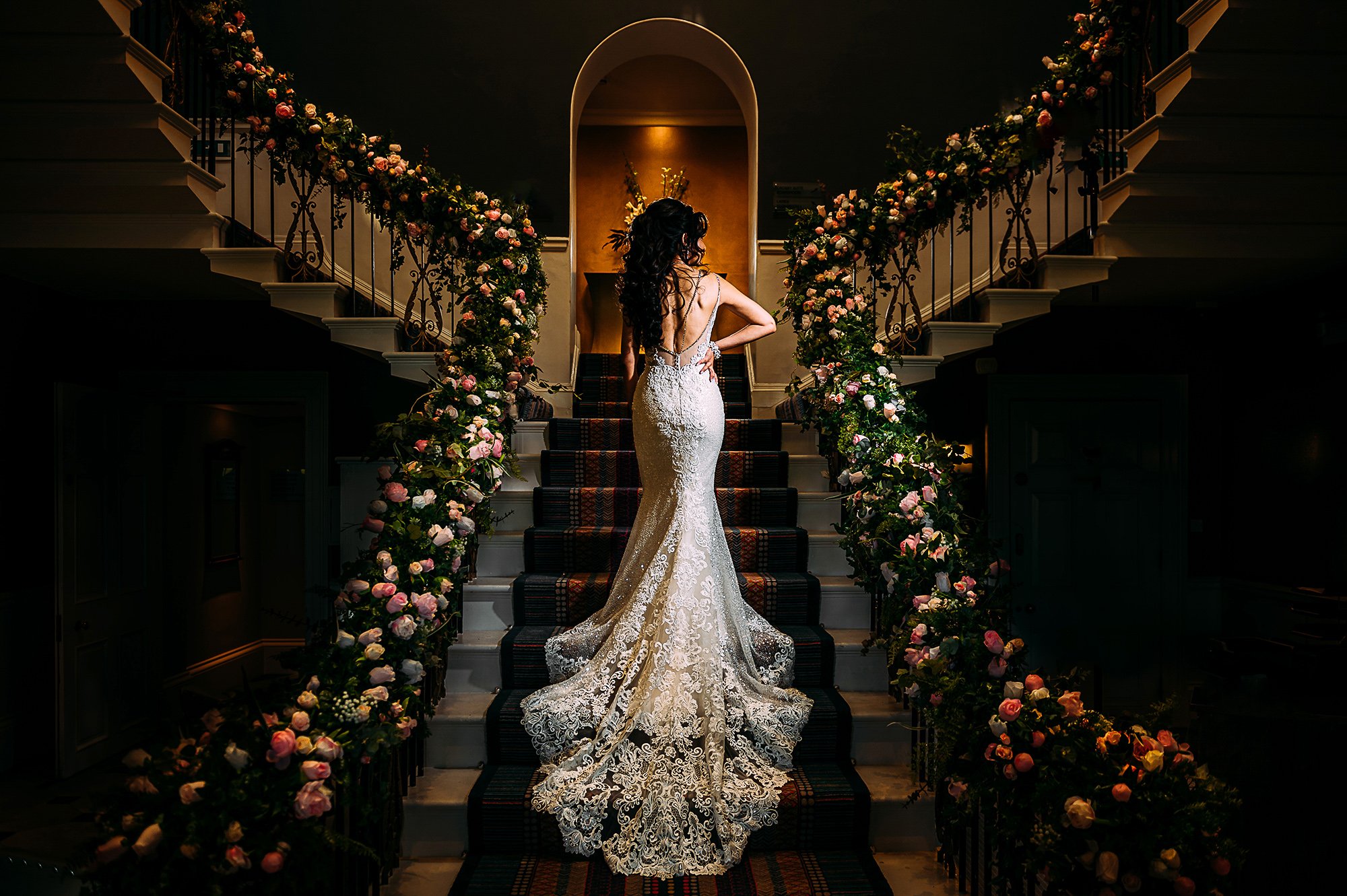  Bride posing on the stairs. 