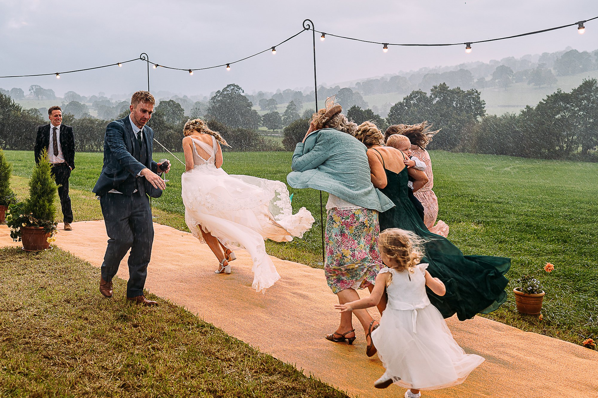  Bridal part running inside to escape the rain. 