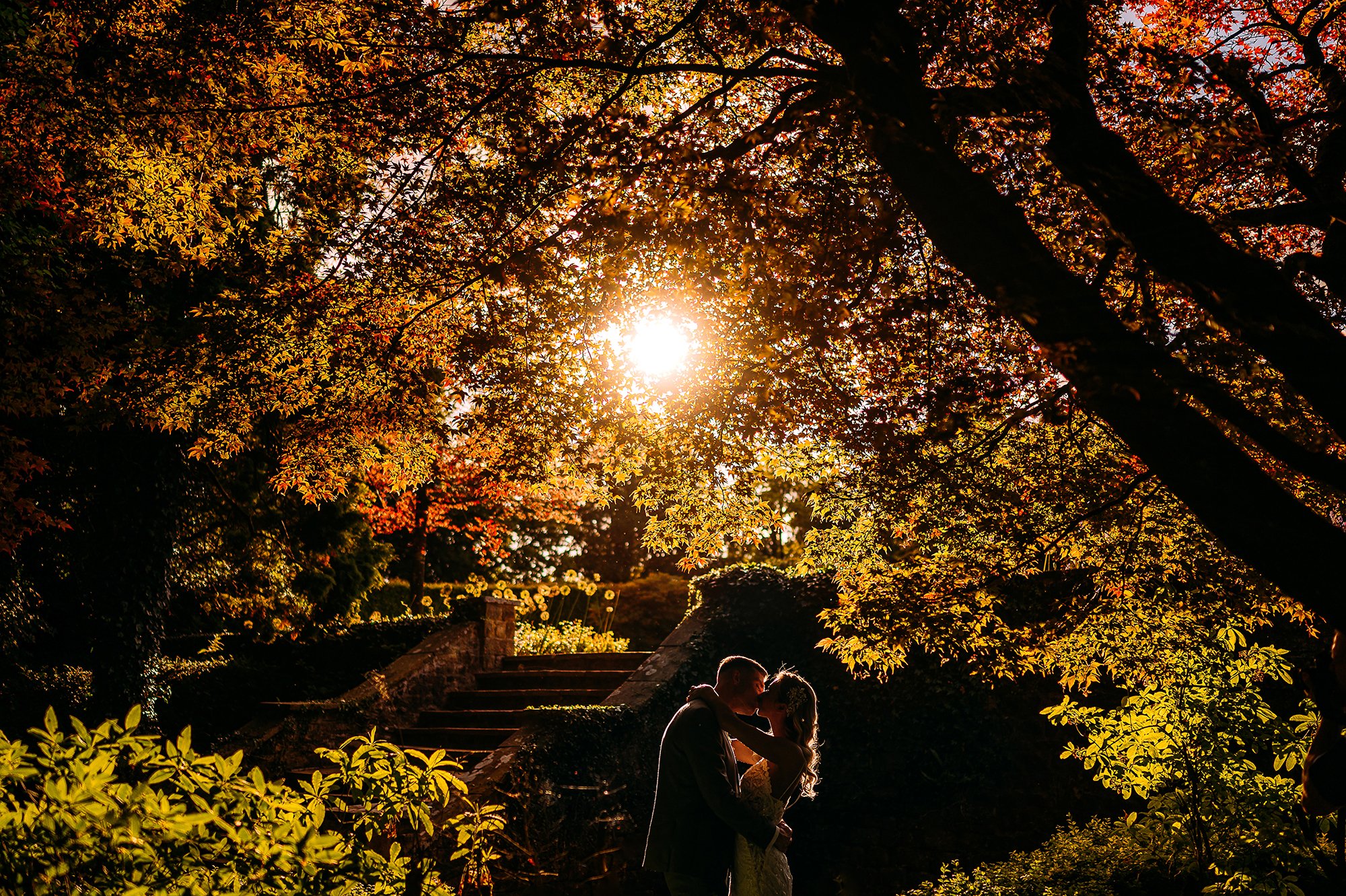  Golden hour cover portrait at Eaves hall under colourful leaves. 