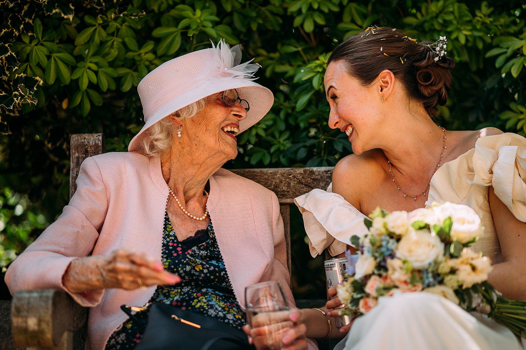  Nice fun moment with bride and her nan on a bench. 